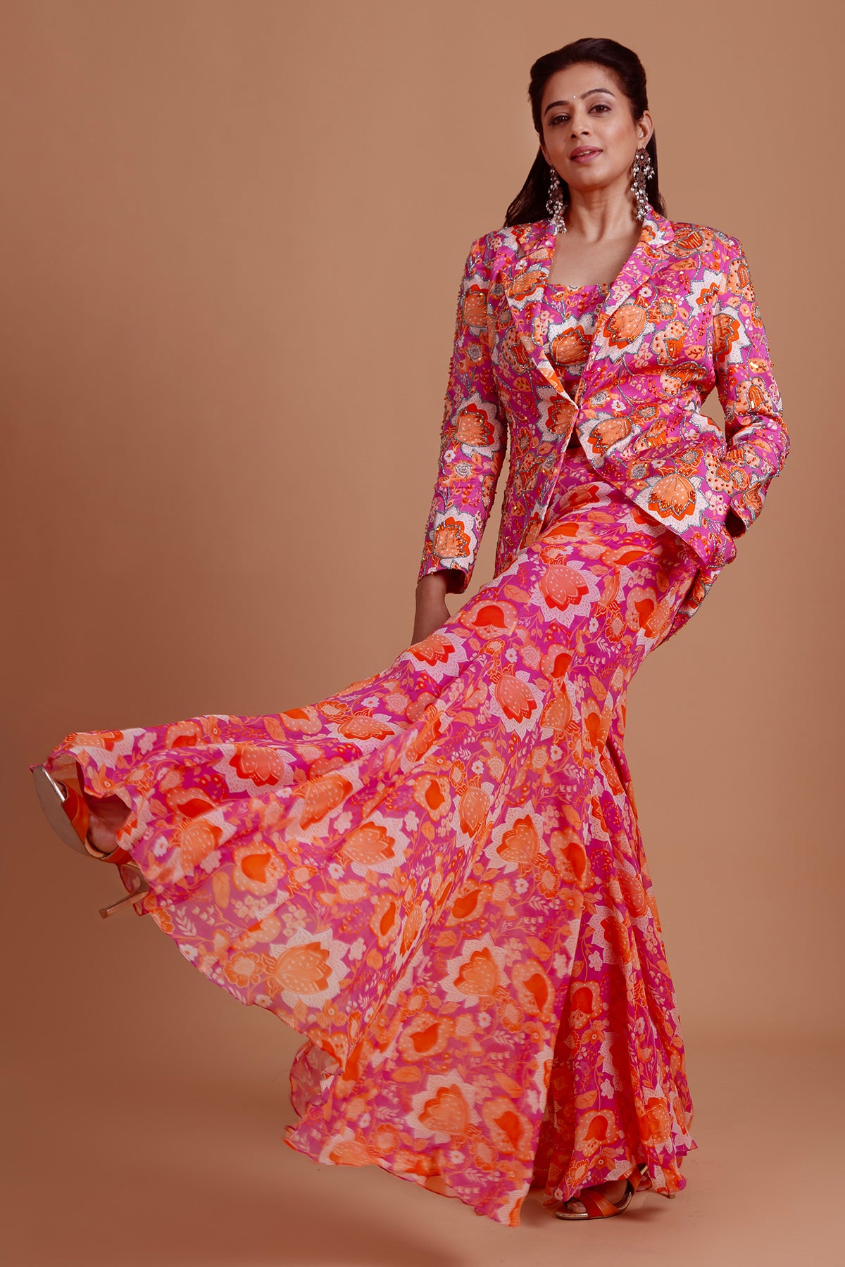 Priyamani In Fuschia Pink Print & Embroidered Blazer Set