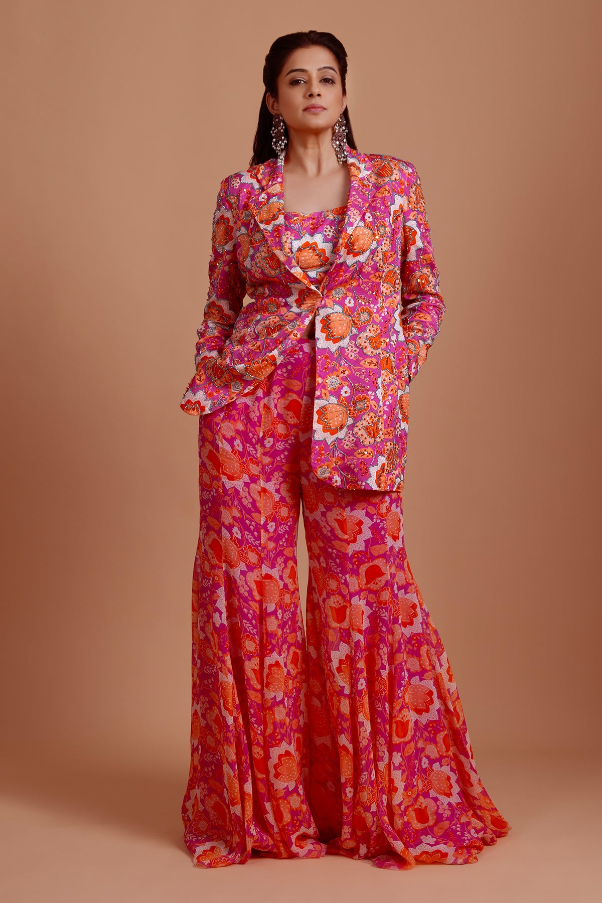 Priyamani In Fuschia Pink Print & Embroidered Blazer Set