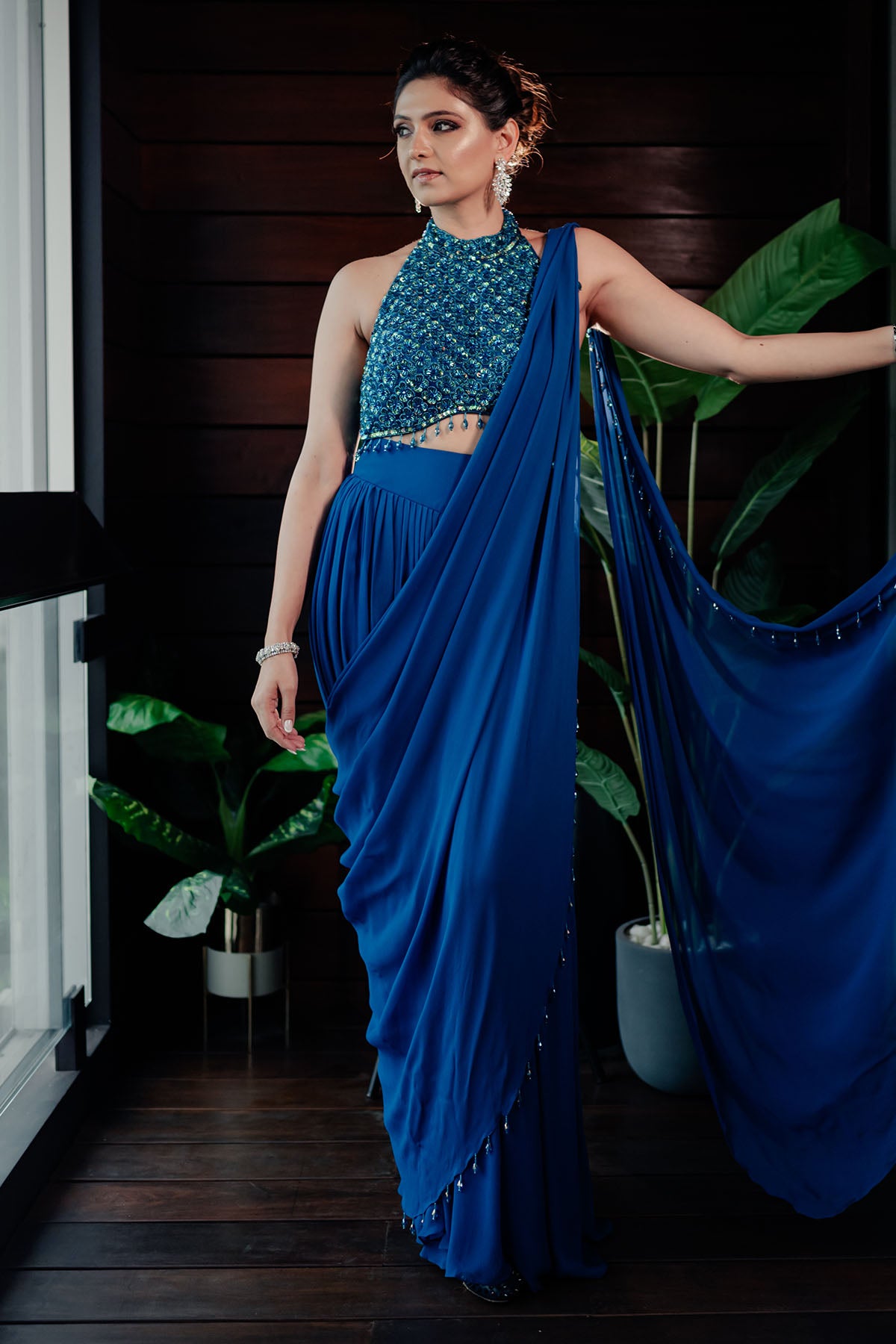 RICHA BEGANI IN TEAL EMBROIDERED PANT SAREE SET