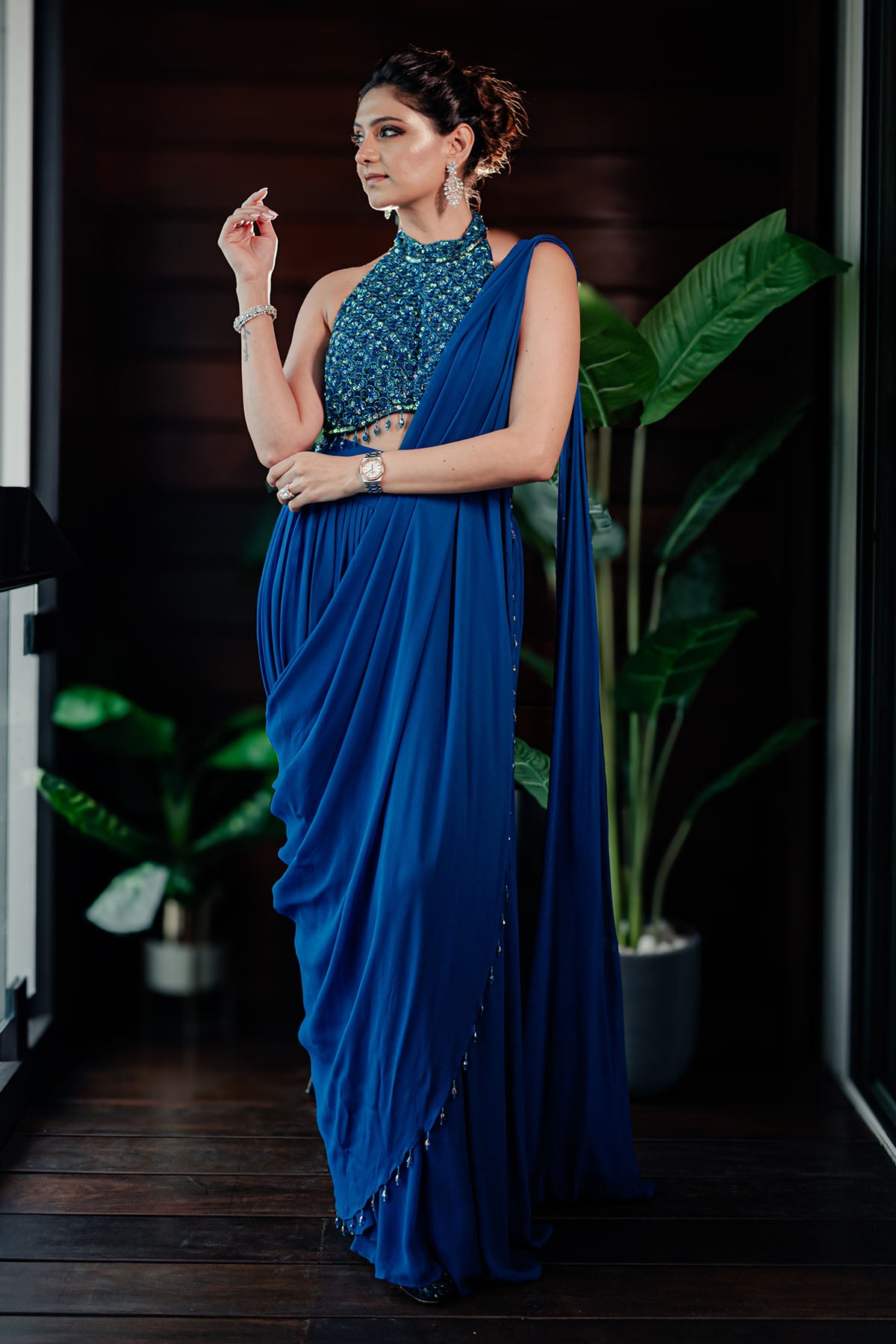 RICHA BEGANI IN TEAL EMBROIDERED PANT SAREE SET