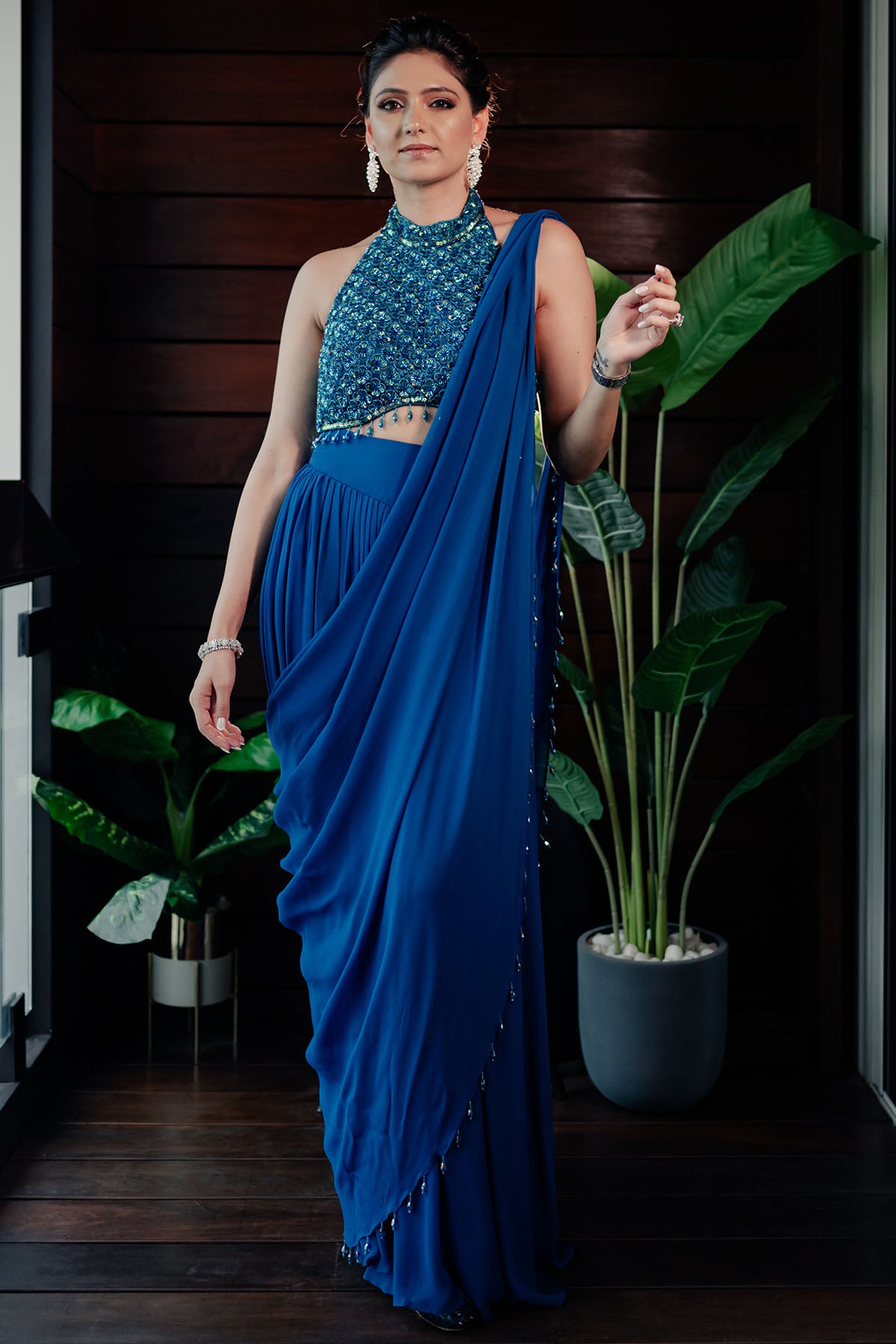 RICHA BEGANI IN TEAL EMBROIDERED PANT SAREE SET