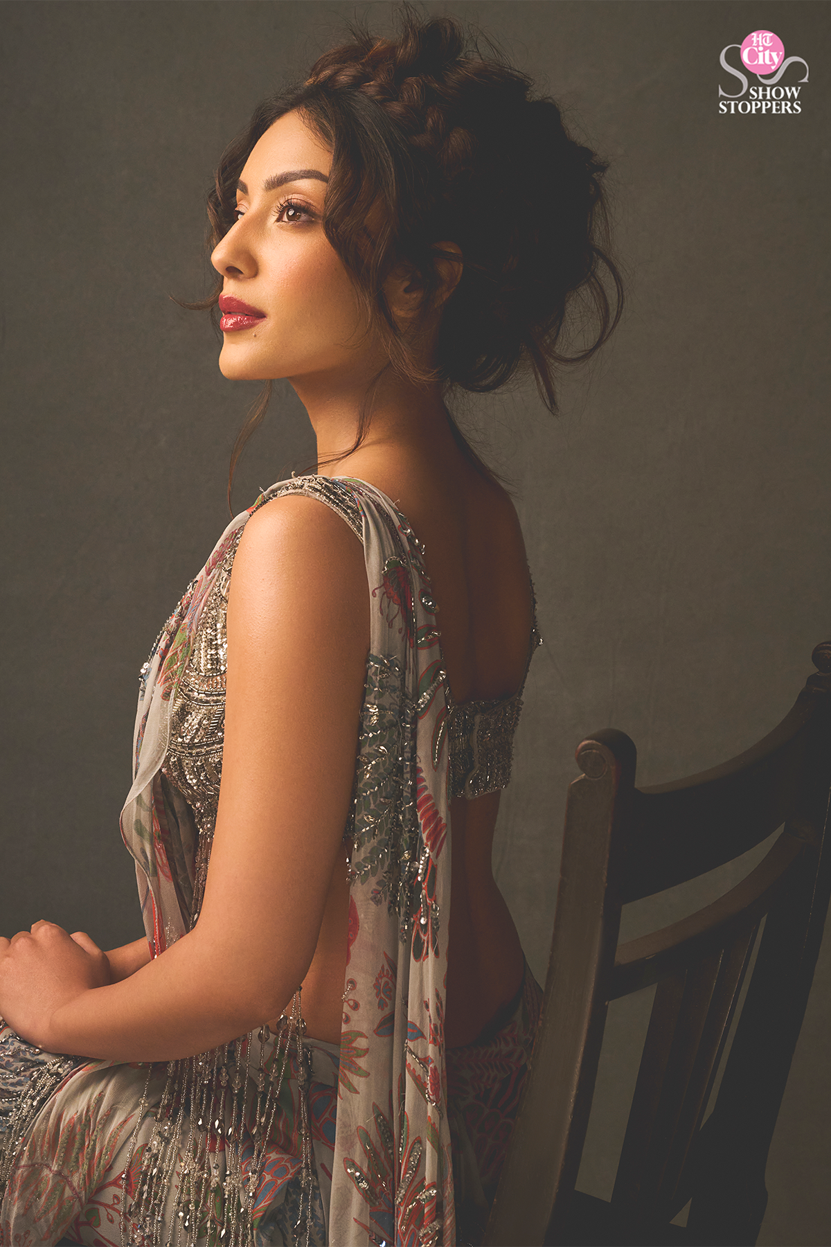 Sahher Bambba in Slate Grey Embroidered Blouse With Dhoti Skirt Saree Set