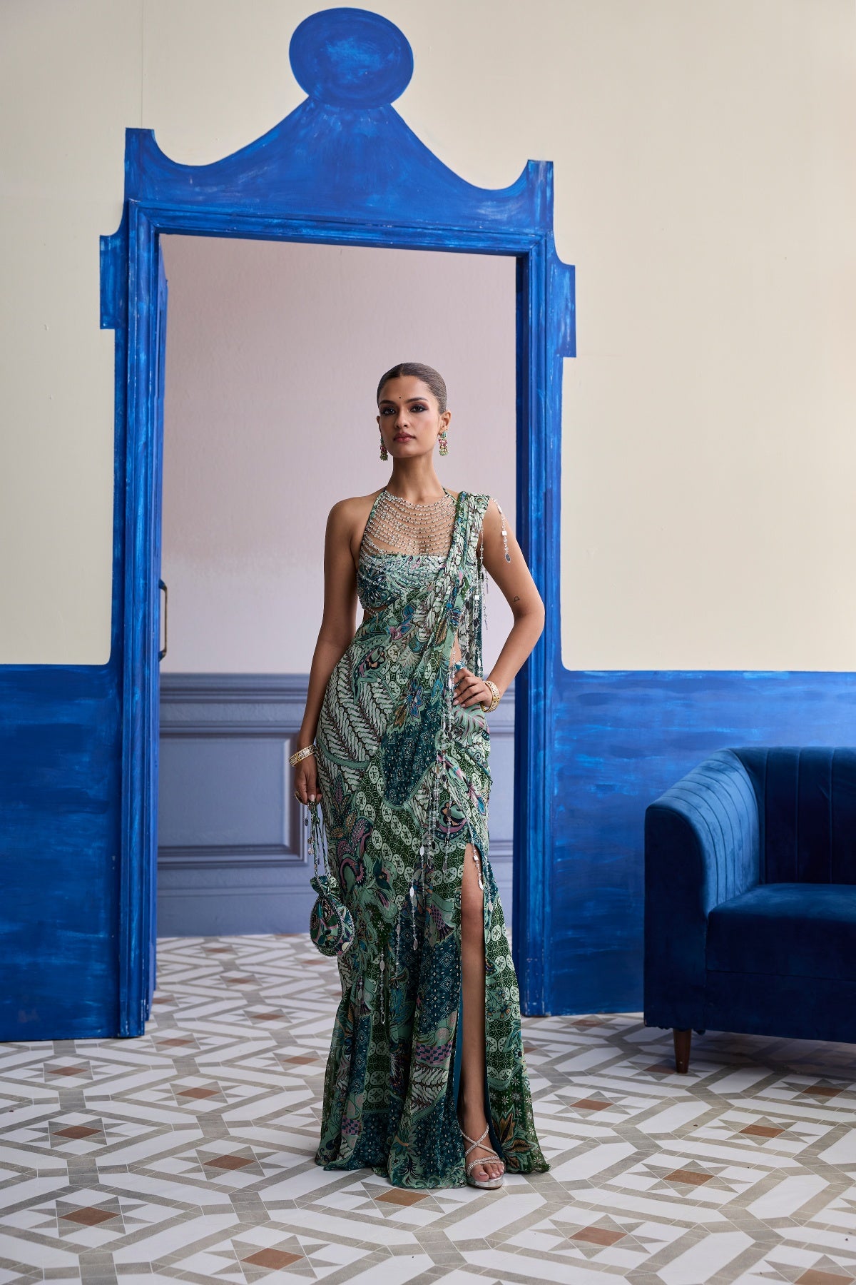 JEWELED GREEN FLORAL BLOUSE WITH SLIT SAREE & TASSEL DRAPE SET