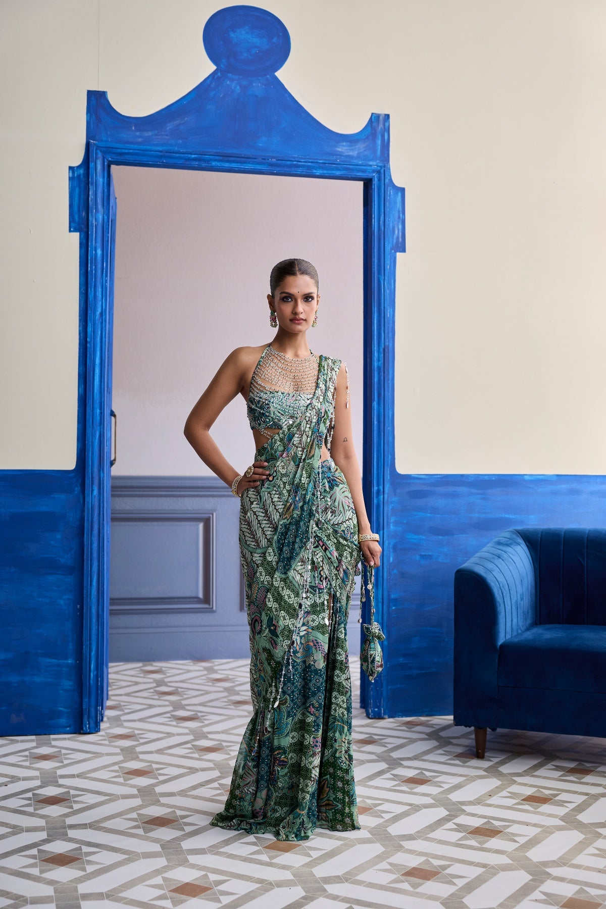 JEWELED GREEN FLORAL BLOUSE WITH SLIT SAREE & TASSEL DRAPE SET