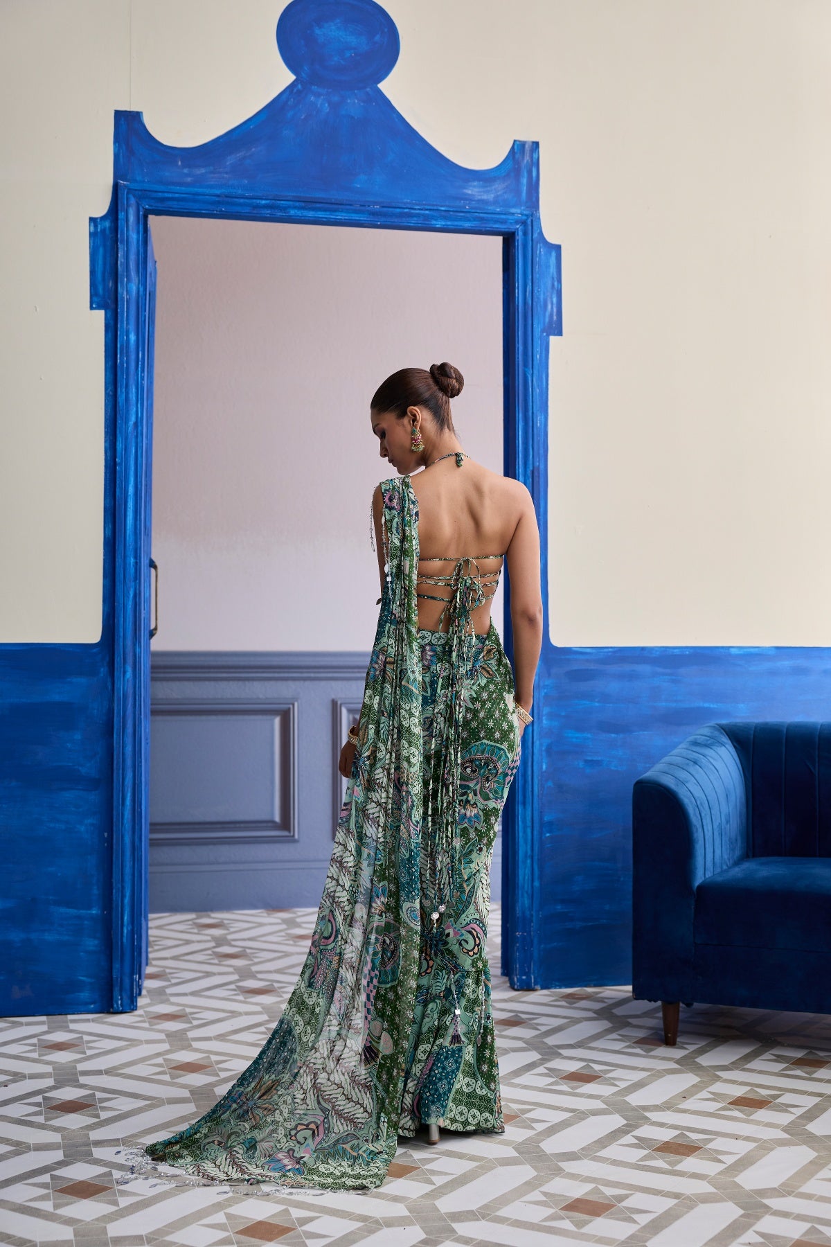 JEWELED GREEN FLORAL BLOUSE WITH SLIT SAREE & TASSEL DRAPE SET