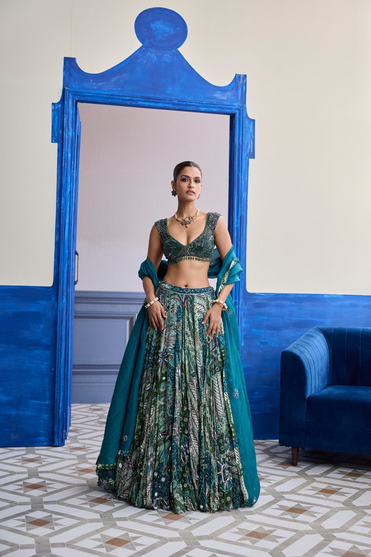 GREEN WAVE EMBROIDERED BLOUSE WITH PRINT HIGHLIGHTS & SOLID DUPATTA SET
