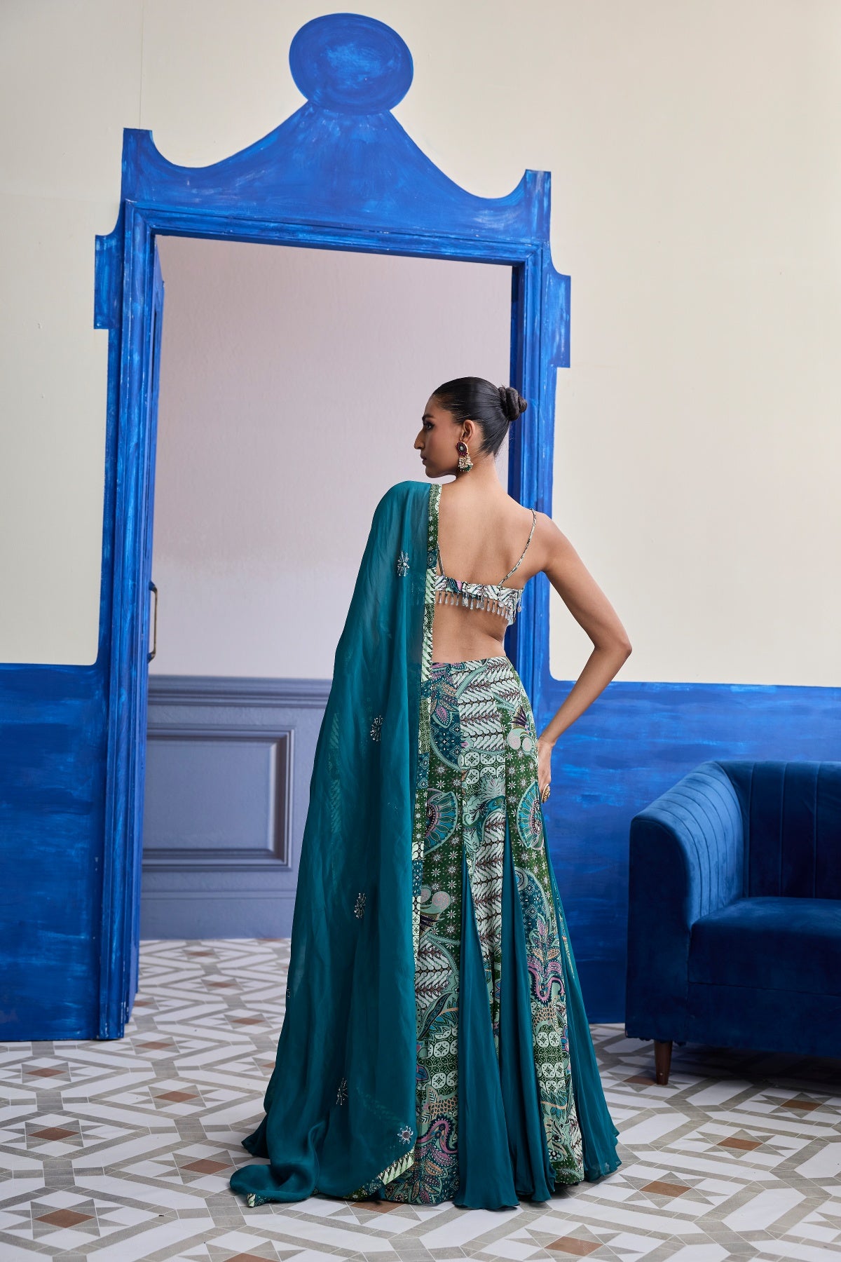 GREEN FLORAL BLOUSE WITH GODET SKIRT & EMBROIDERED DUPATTA SET