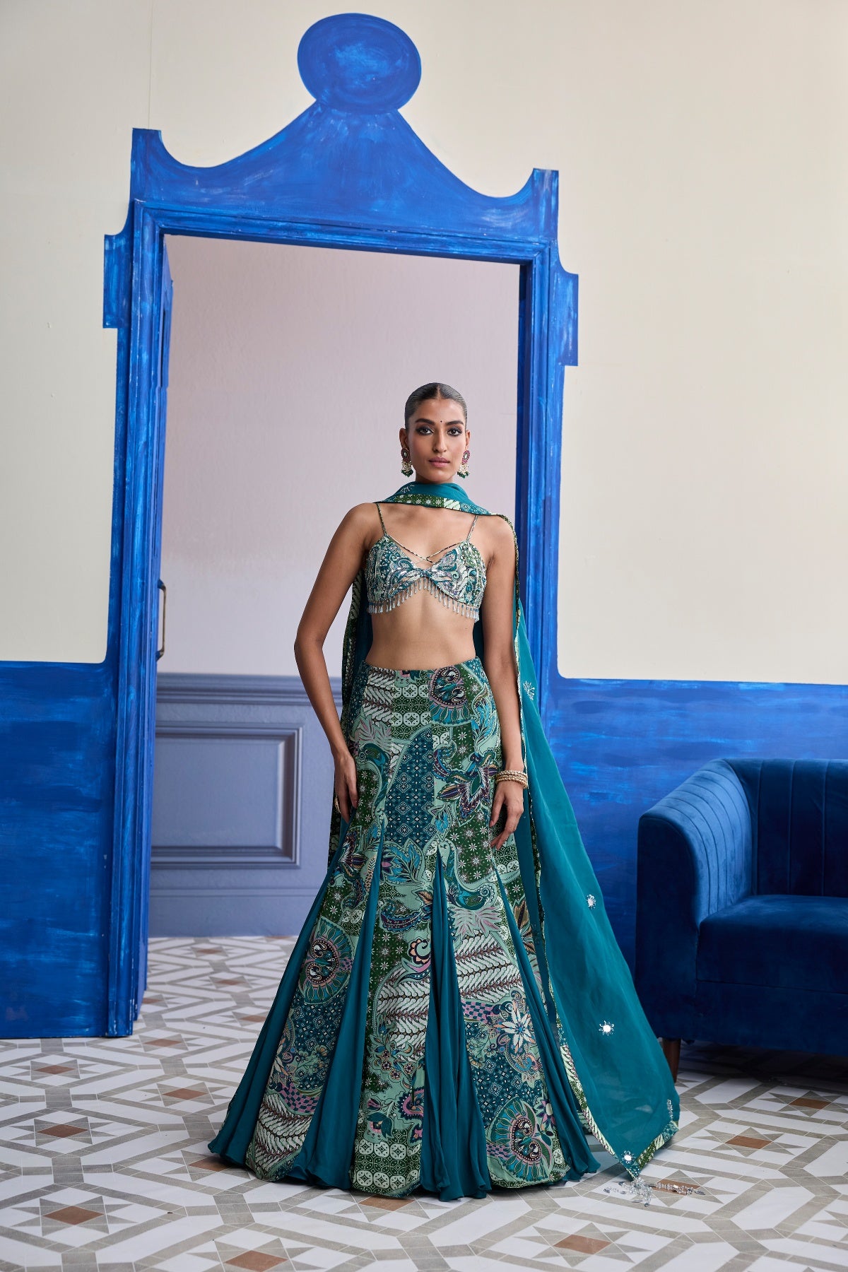 GREEN FLORAL BLOUSE WITH GODET SKIRT & EMBROIDERED DUPATTA SET