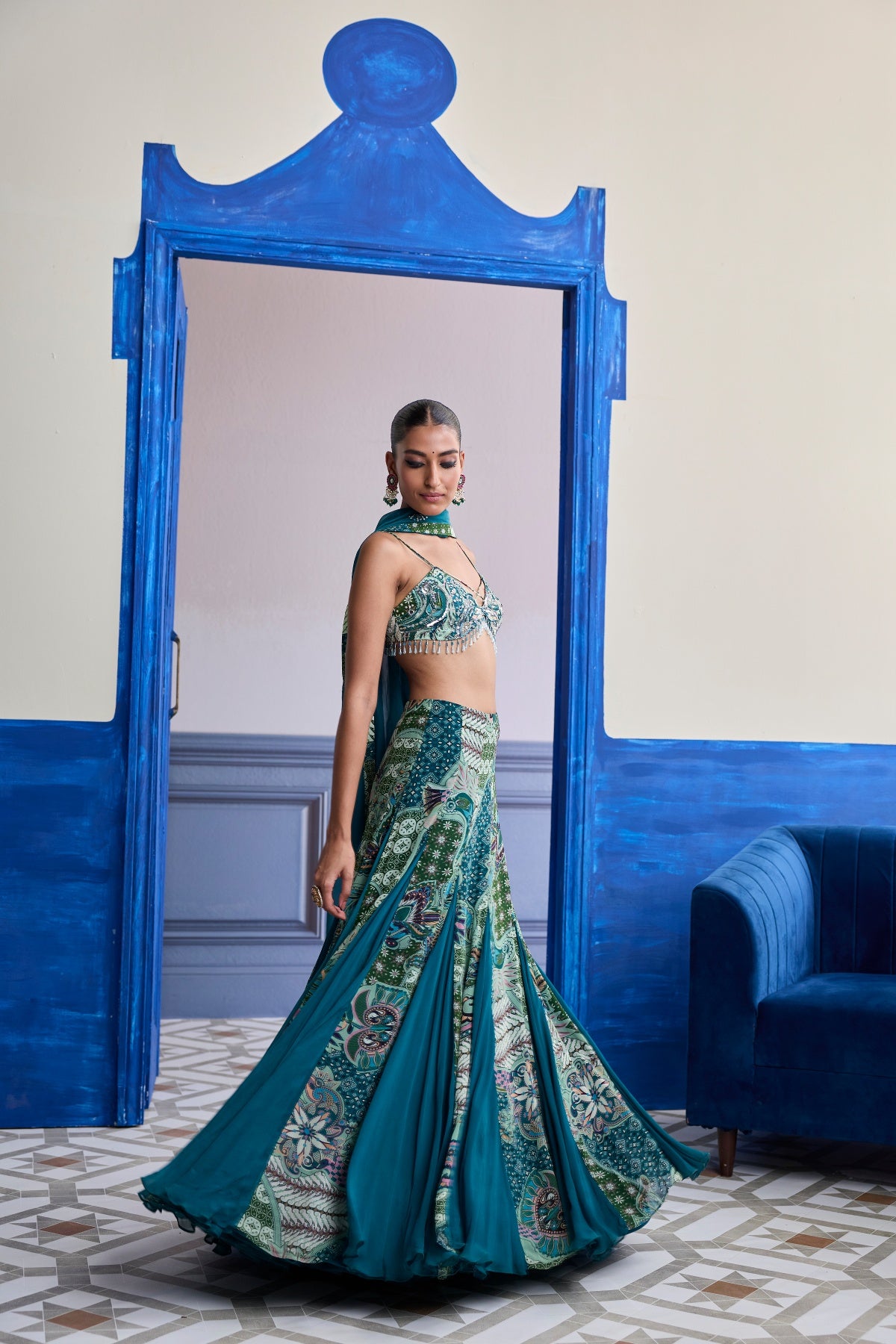 GREEN FLORAL BLOUSE WITH GODET SKIRT & EMBROIDERED DUPATTA SET