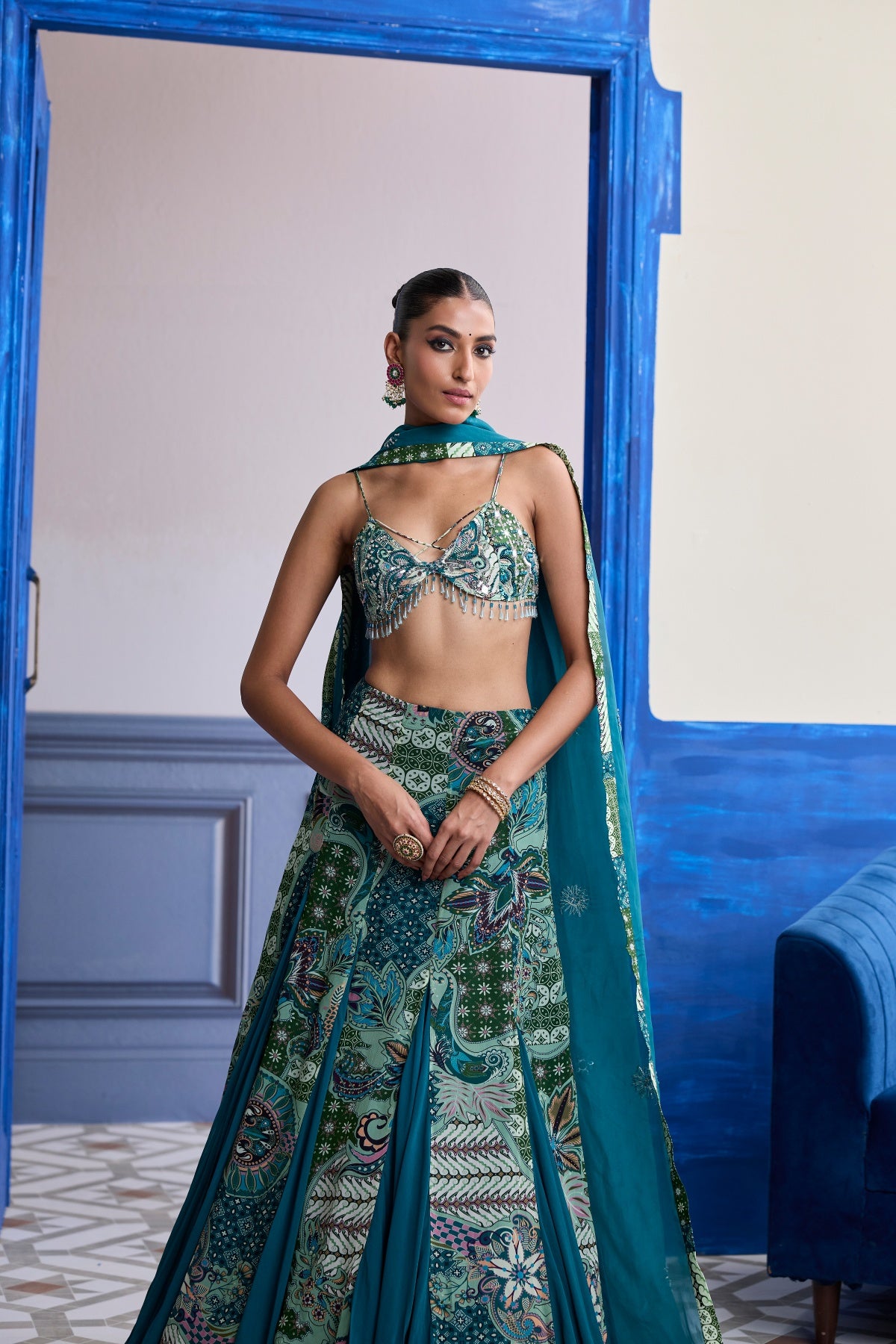 GREEN FLORAL BLOUSE WITH GODET SKIRT & EMBROIDERED DUPATTA SET