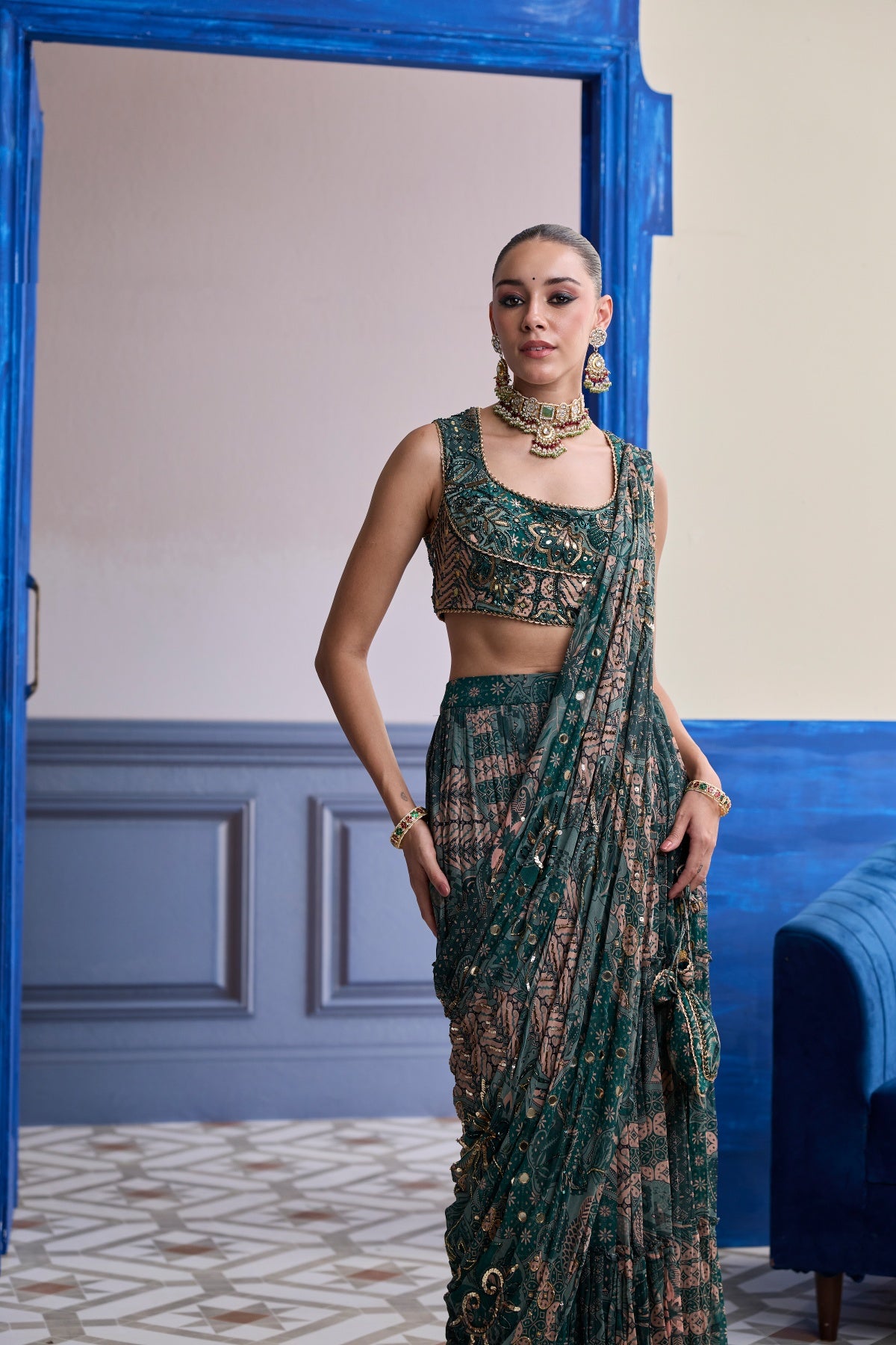 TEAL FLORAL BLOUSE WITH DRAPED TIERED SAREE SKIRT SET