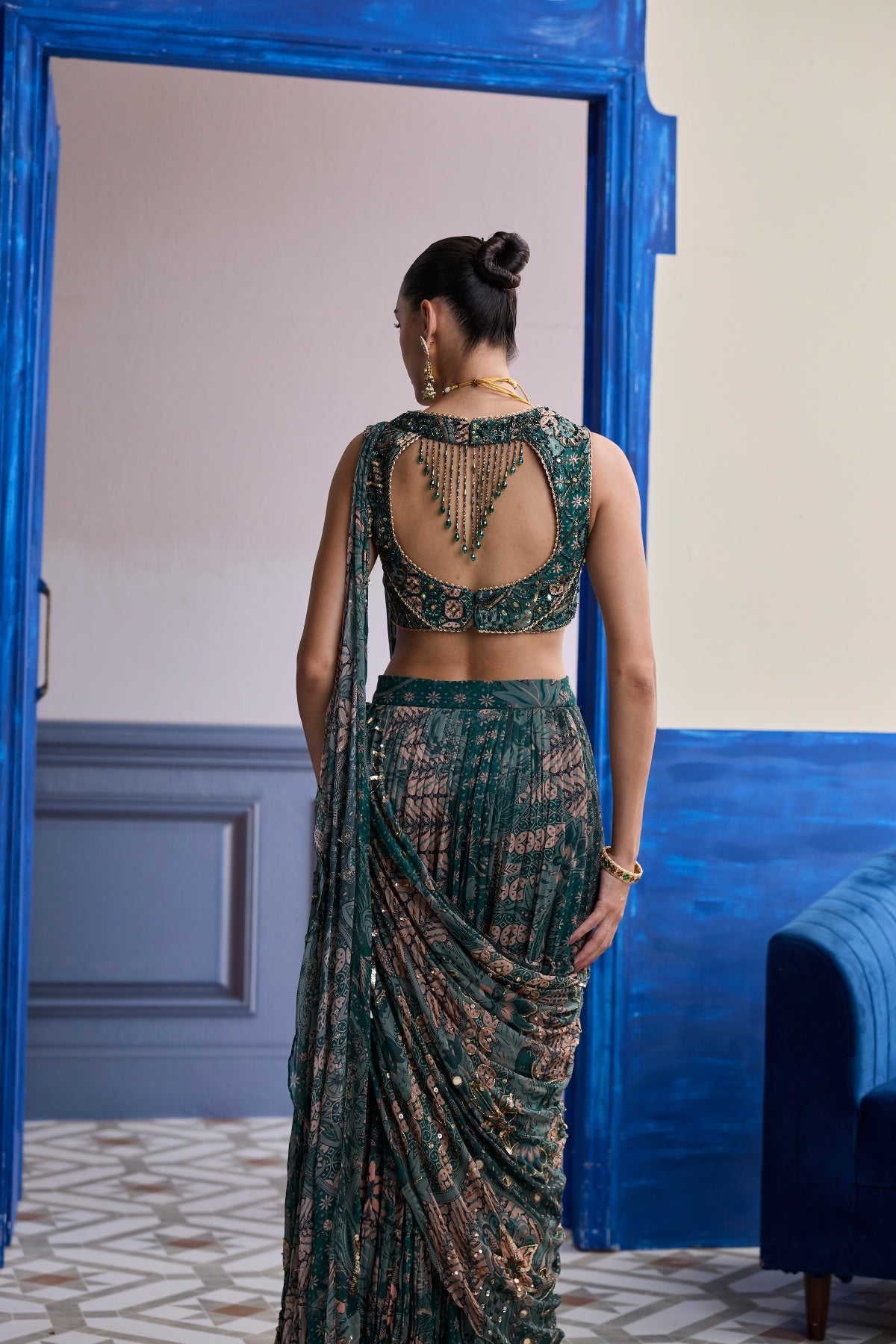 TEAL FLORAL BLOUSE WITH DRAPED TIERED SAREE SKIRT SET