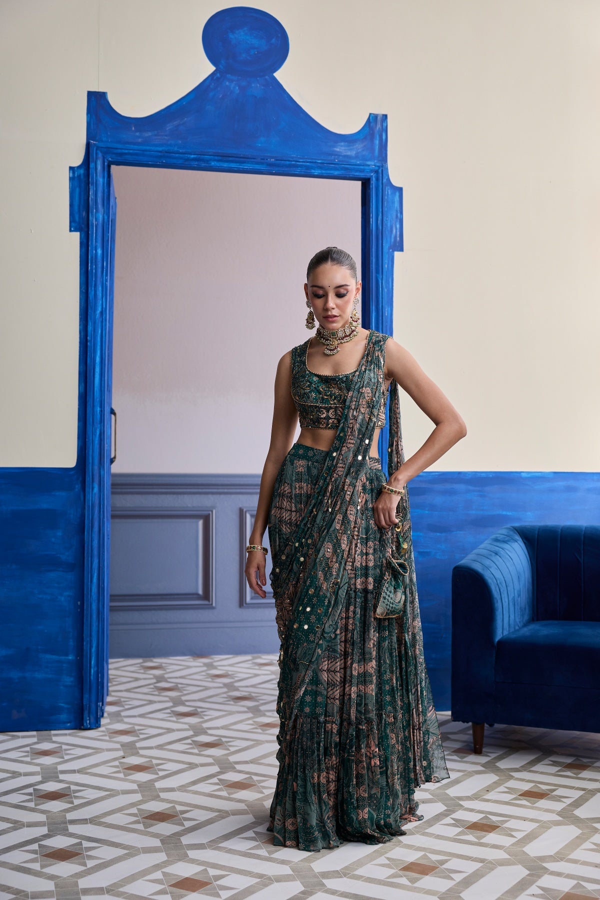 TEAL FLORAL BLOUSE WITH DRAPED TIERED SAREE SKIRT SET