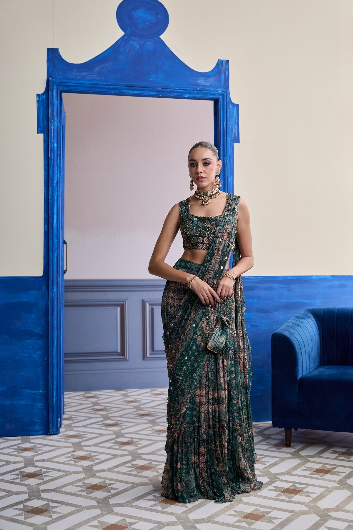 TEAL FLORAL BLOUSE WITH DRAPED TIERED SAREE SKIRT SET