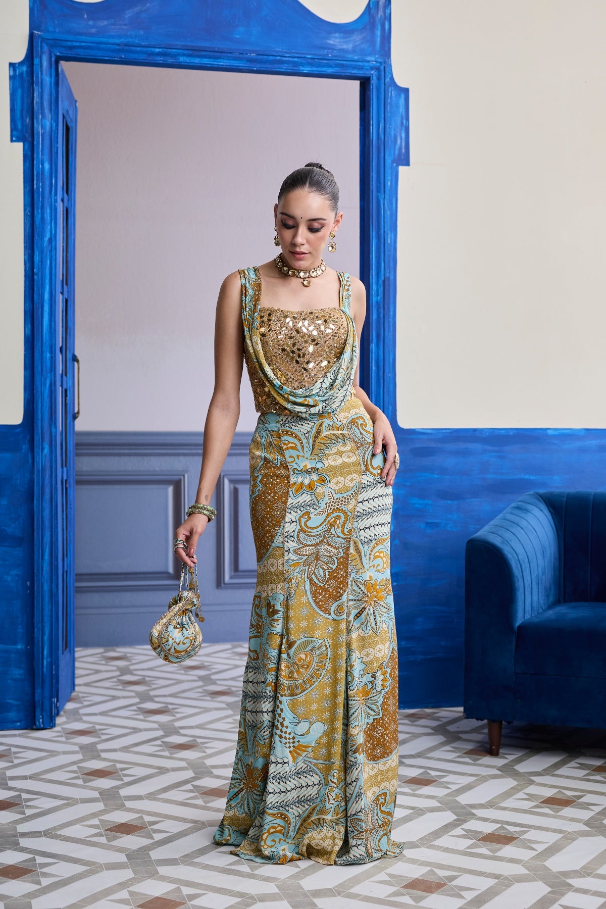 GOLD EMBROIDERED CORSET WITH FLORAL COWL & MERMAID SKIRT SET