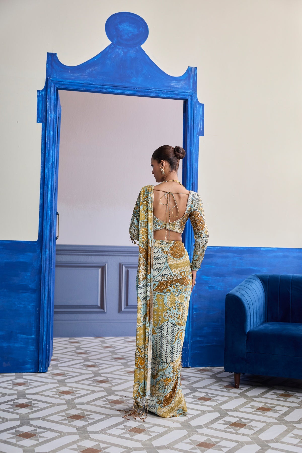 YELLOW FLORAL BLOUSE WITH COORDINATED PRINTED DHOTI SAREE SET