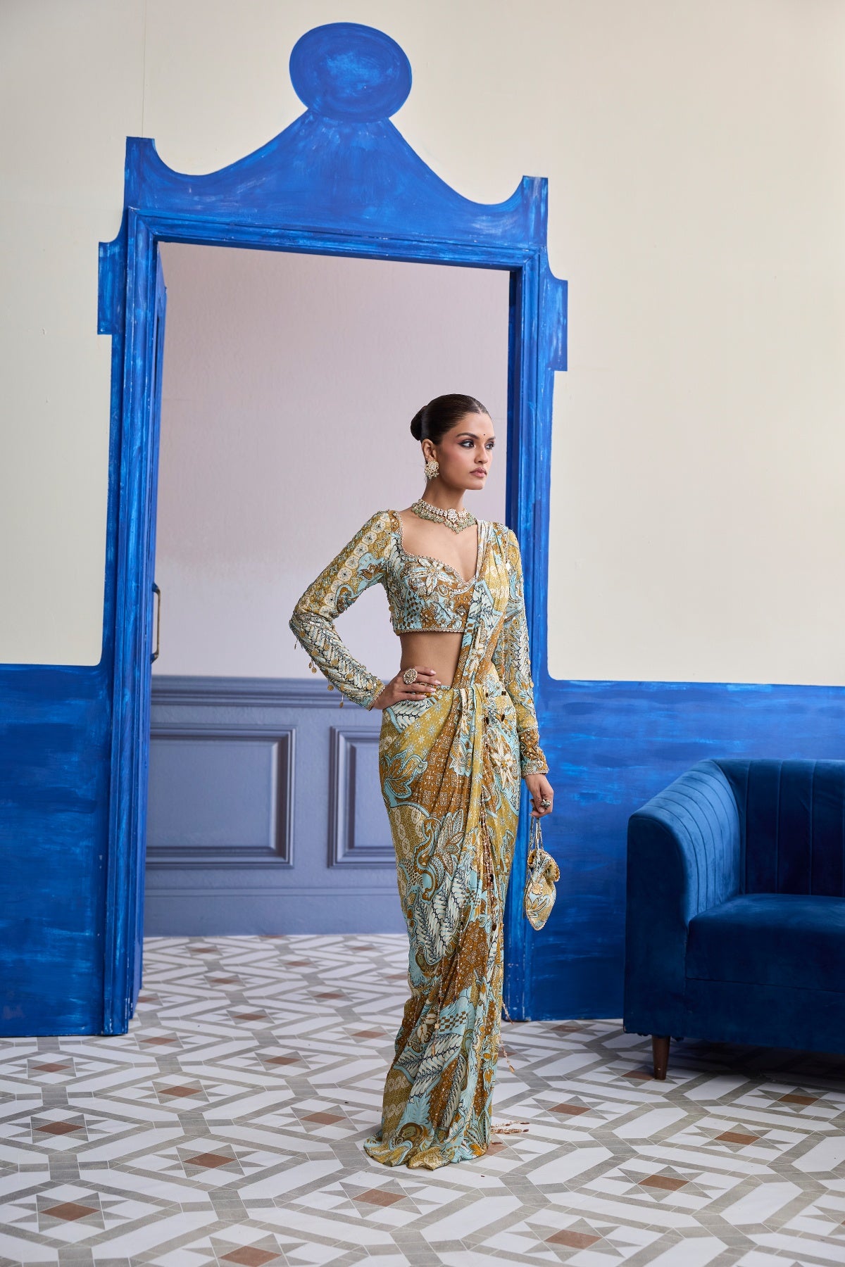 YELLOW FLORAL BLOUSE WITH COORDINATED PRINTED DHOTI SAREE SET