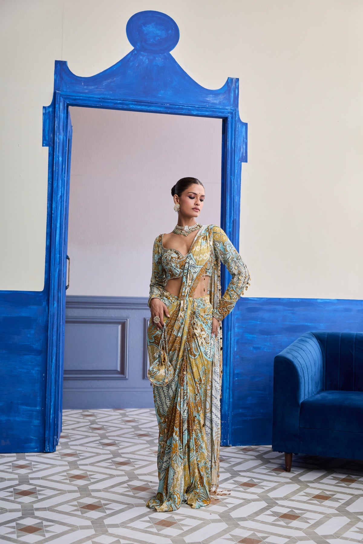 YELLOW FLORAL BLOUSE WITH COORDINATED PRINTED DHOTI SAREE SET