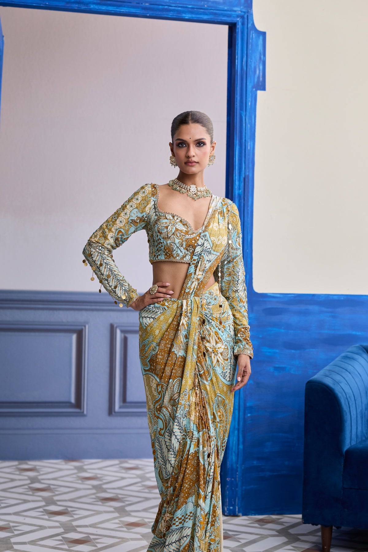 YELLOW FLORAL BLOUSE WITH COORDINATED PRINTED DHOTI SAREE SET