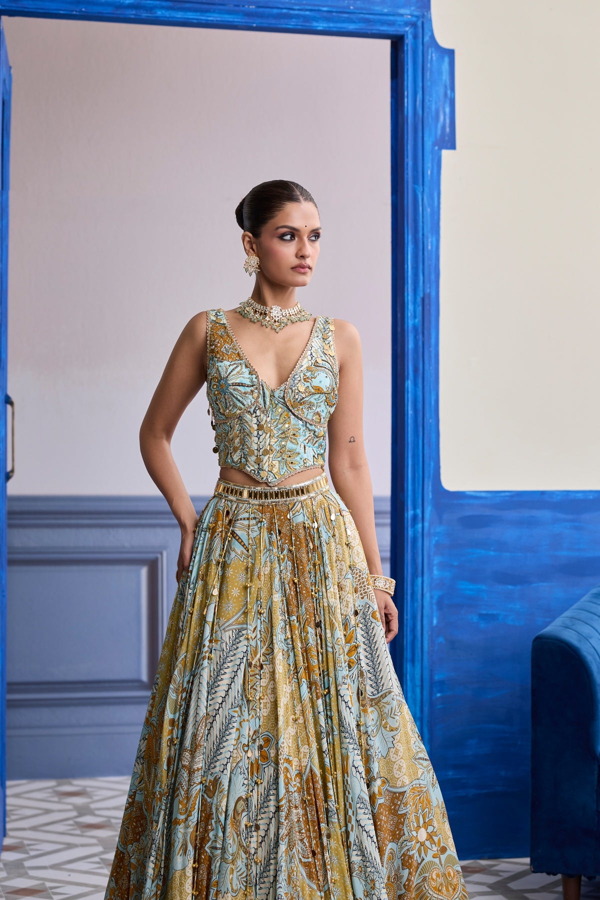 YELLOW FLORAL CORSET WITH TASSEL LEHENGA & PRINTED DUPATTA SET