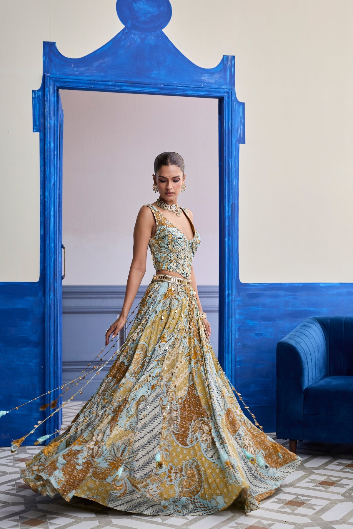 YELLOW FLORAL CORSET WITH TASSEL LEHENGA & PRINTED DUPATTA SET