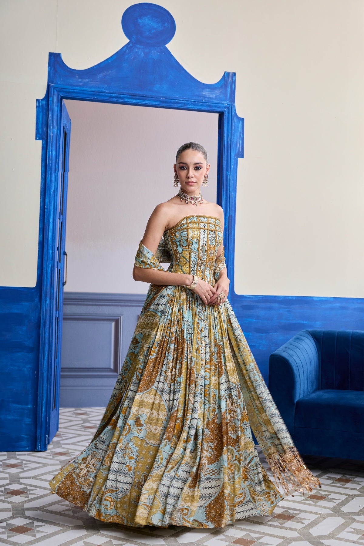 YELLOW FLORAL CORSET WITH PRINTED LEHENGA & TASSEL DUPATTA SET