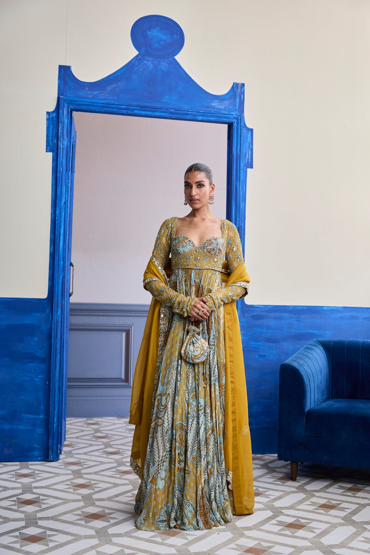 YELLOW FLORAL ANARKALI WITH EMBROIDERED SOLID DUPATTA SET