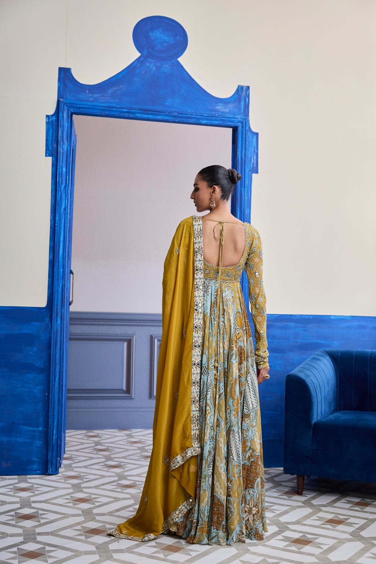 YELLOW FLORAL ANARKALI WITH EMBROIDERED SOLID DUPATTA SET
