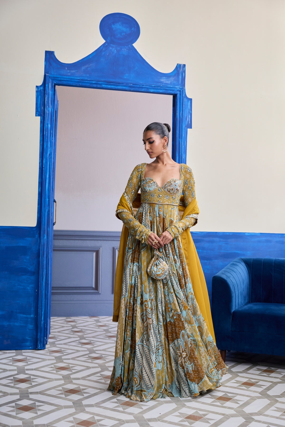 YELLOW FLORAL ANARKALI WITH EMBROIDERED SOLID DUPATTA SET