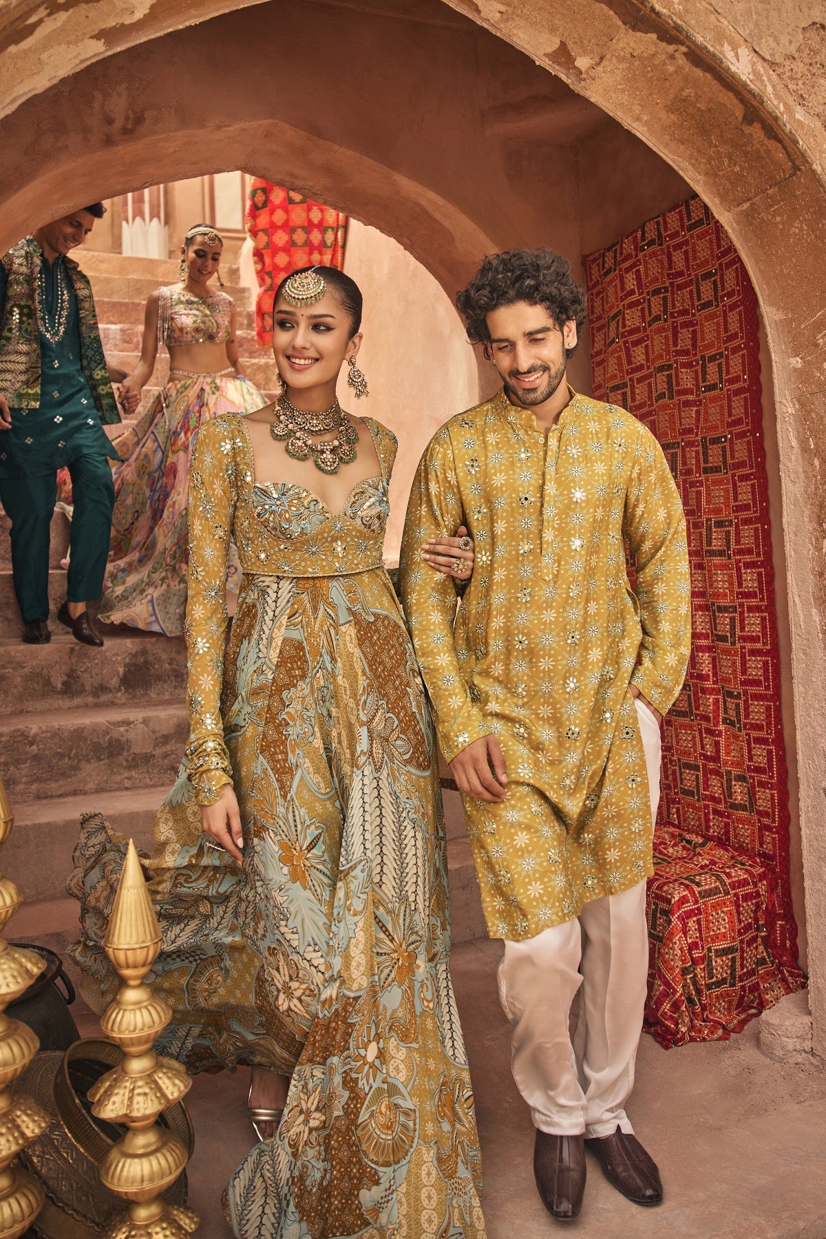 YELLOW FLORAL ANARKALI WITH EMBROIDERED SOLID DUPATTA SET