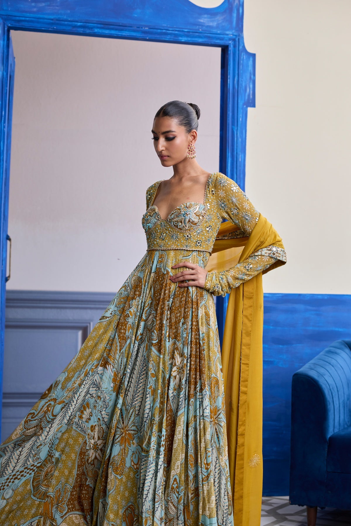 YELLOW FLORAL ANARKALI WITH EMBROIDERED SOLID DUPATTA SET