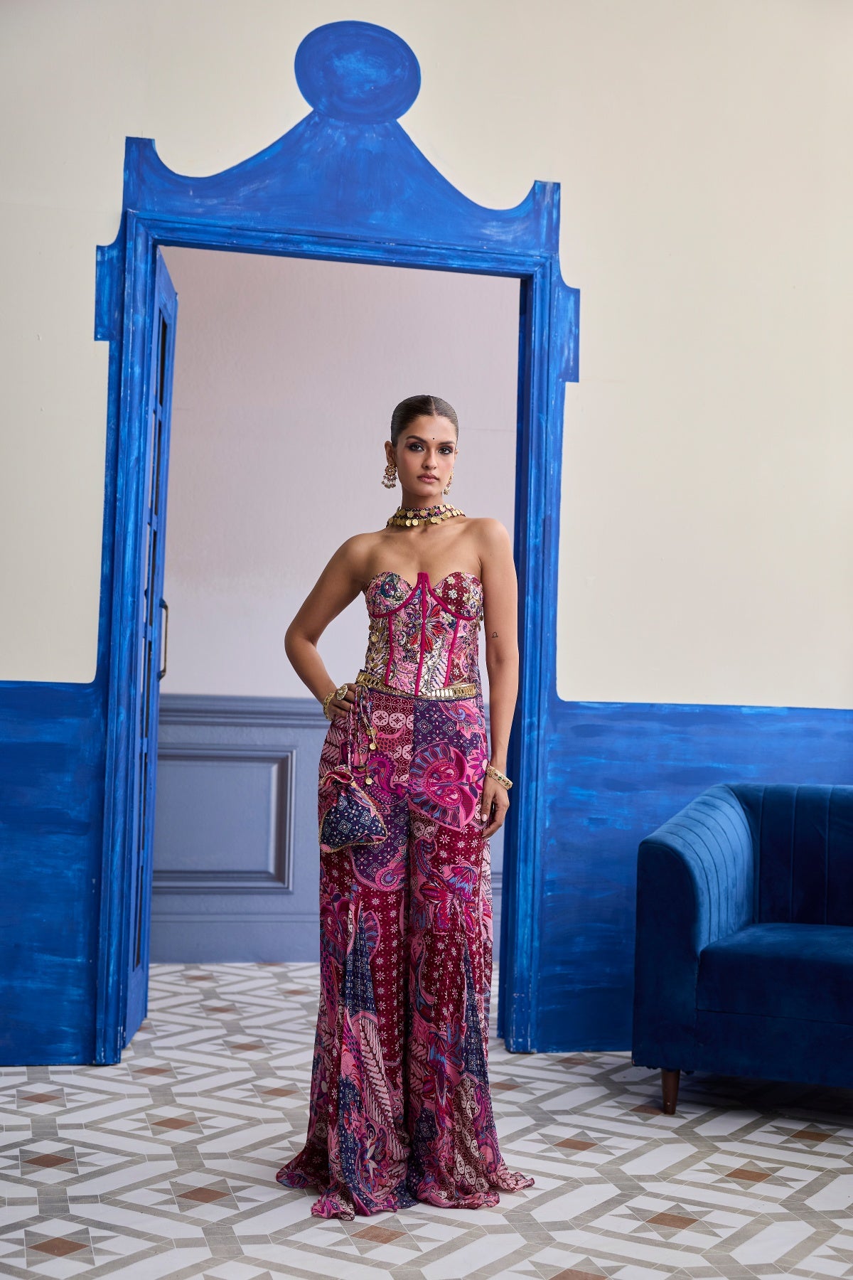 FUCHSIA FLORAL CORSET WITH GODET PANTS & CHOKER DUPATTA SET