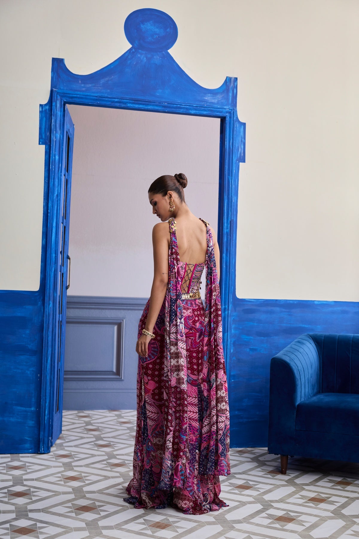 FUCHSIA FLORAL CORSET WITH GODET PANTS & CHOKER DUPATTA SET