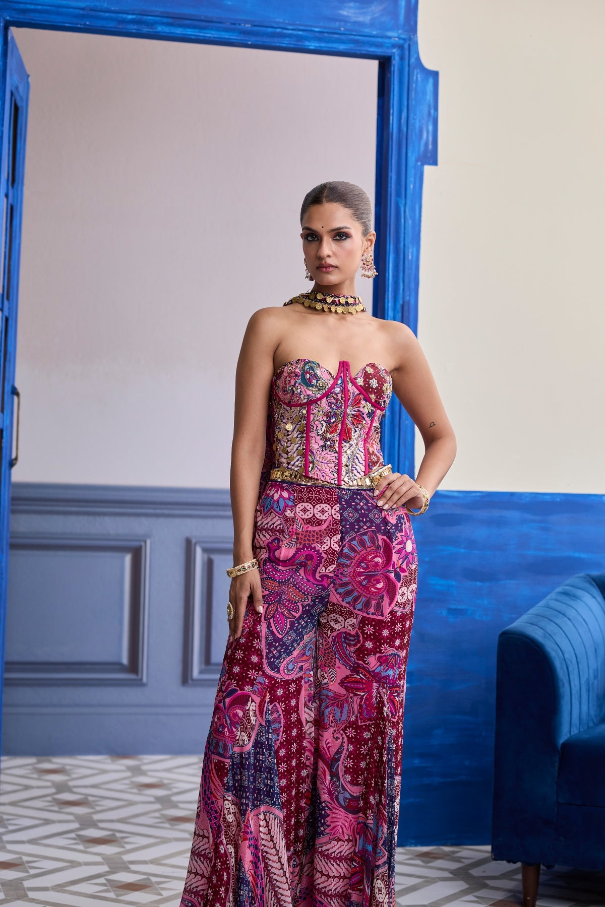 FUCHSIA FLORAL CORSET WITH GODET PANTS & CHOKER DUPATTA SET