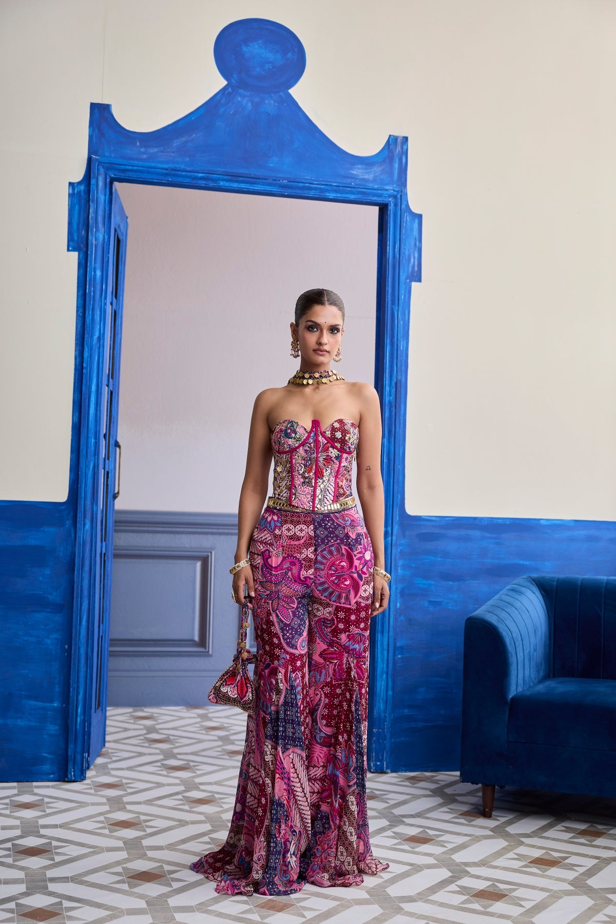 FUCHSIA FLORAL CORSET WITH GODET PANTS & CHOKER DUPATTA SET