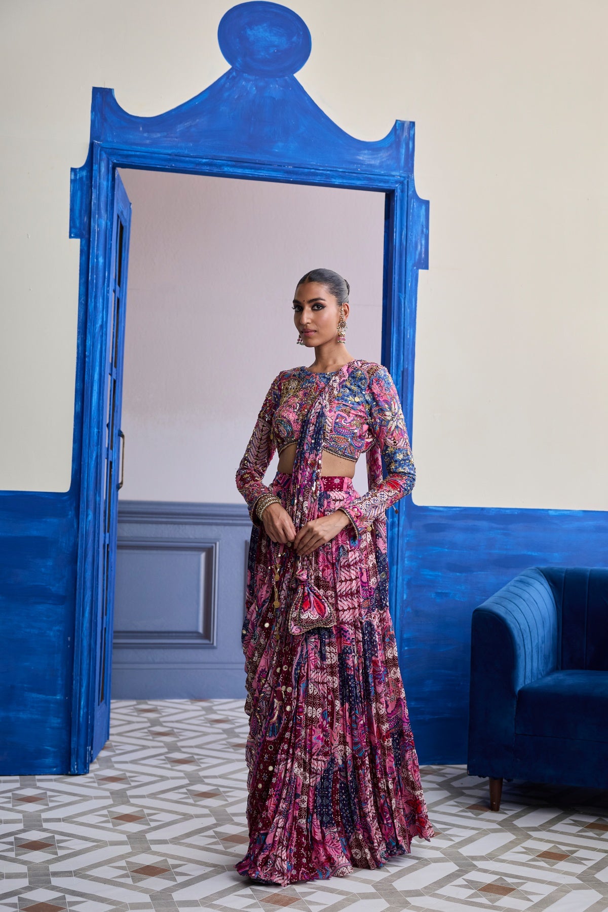 FUCHSIA FLORAL BLOUSE WITH DRAPE TIERED SAREE SKIRT SET