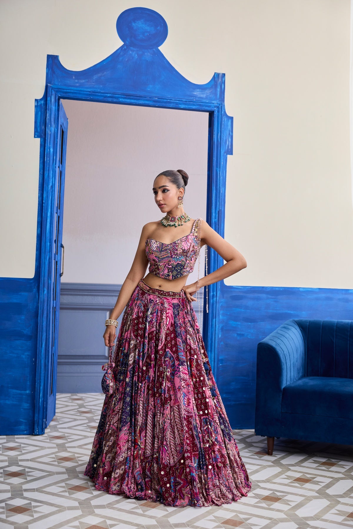 FUCHSIA FLORAL CORSET WITH HIGHLIGHTED LEHENGA SET