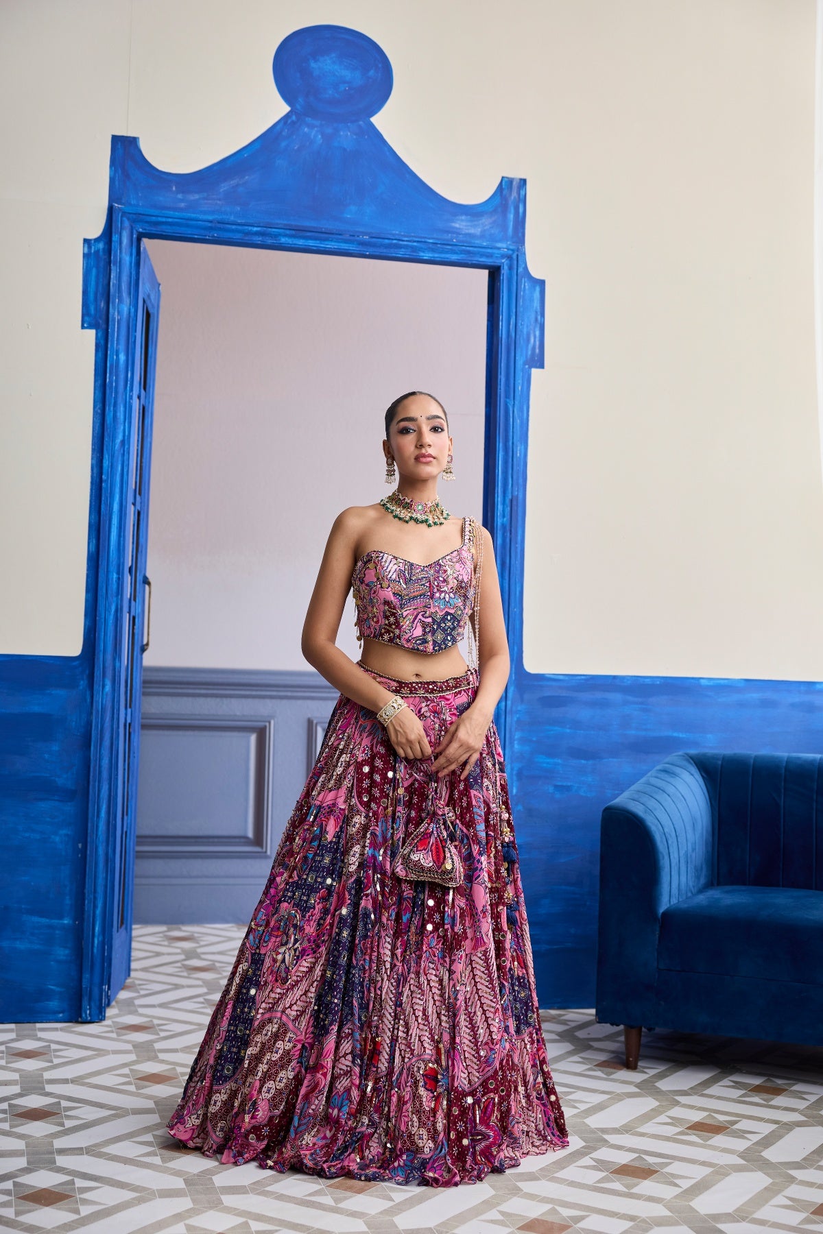 FUCHSIA FLORAL CORSET WITH HIGHLIGHTED LEHENGA SET