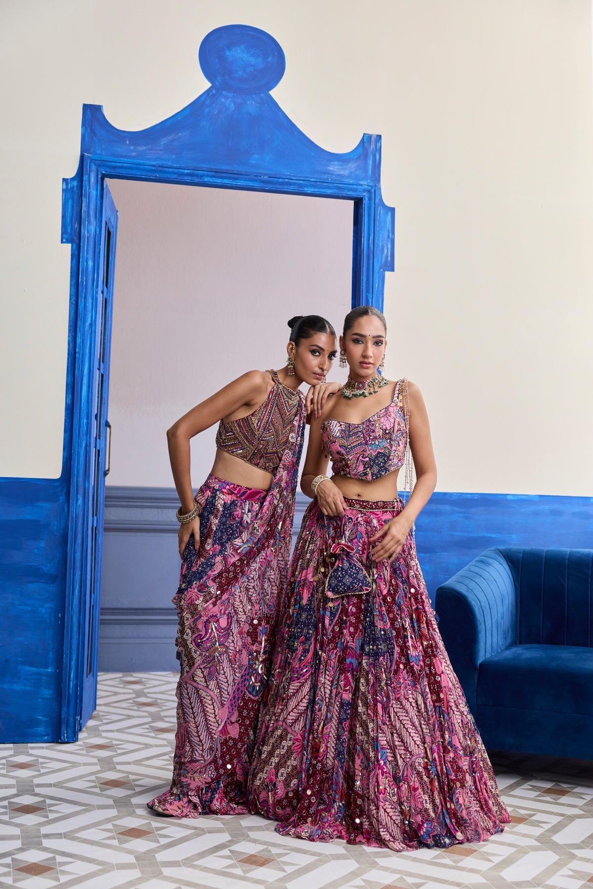 FUCHSIA FLORAL CORSET WITH HIGHLIGHTED LEHENGA SET
