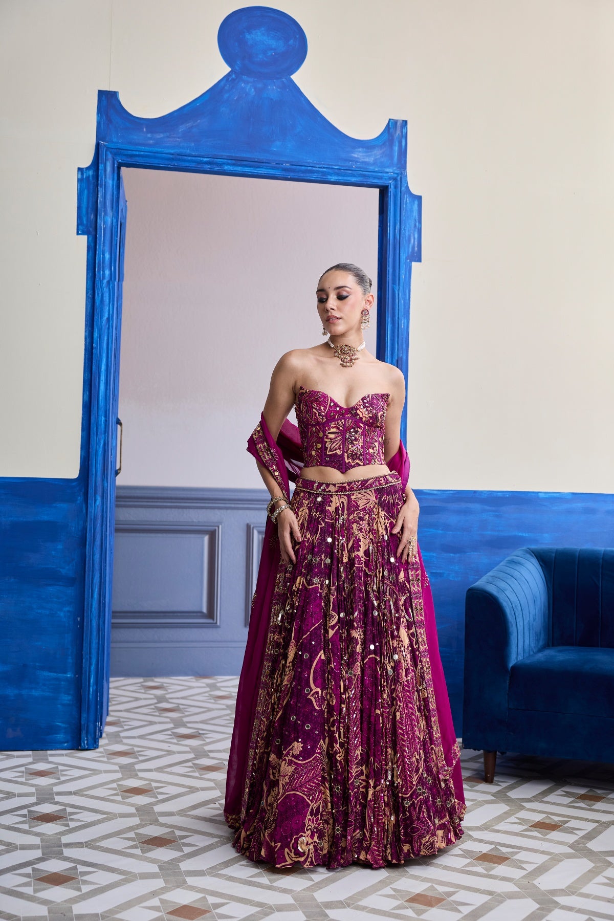MAGENTA HIGHLIGHTED CORSET WITH LEHENGA & EMBROIDERED DUPATTA SET