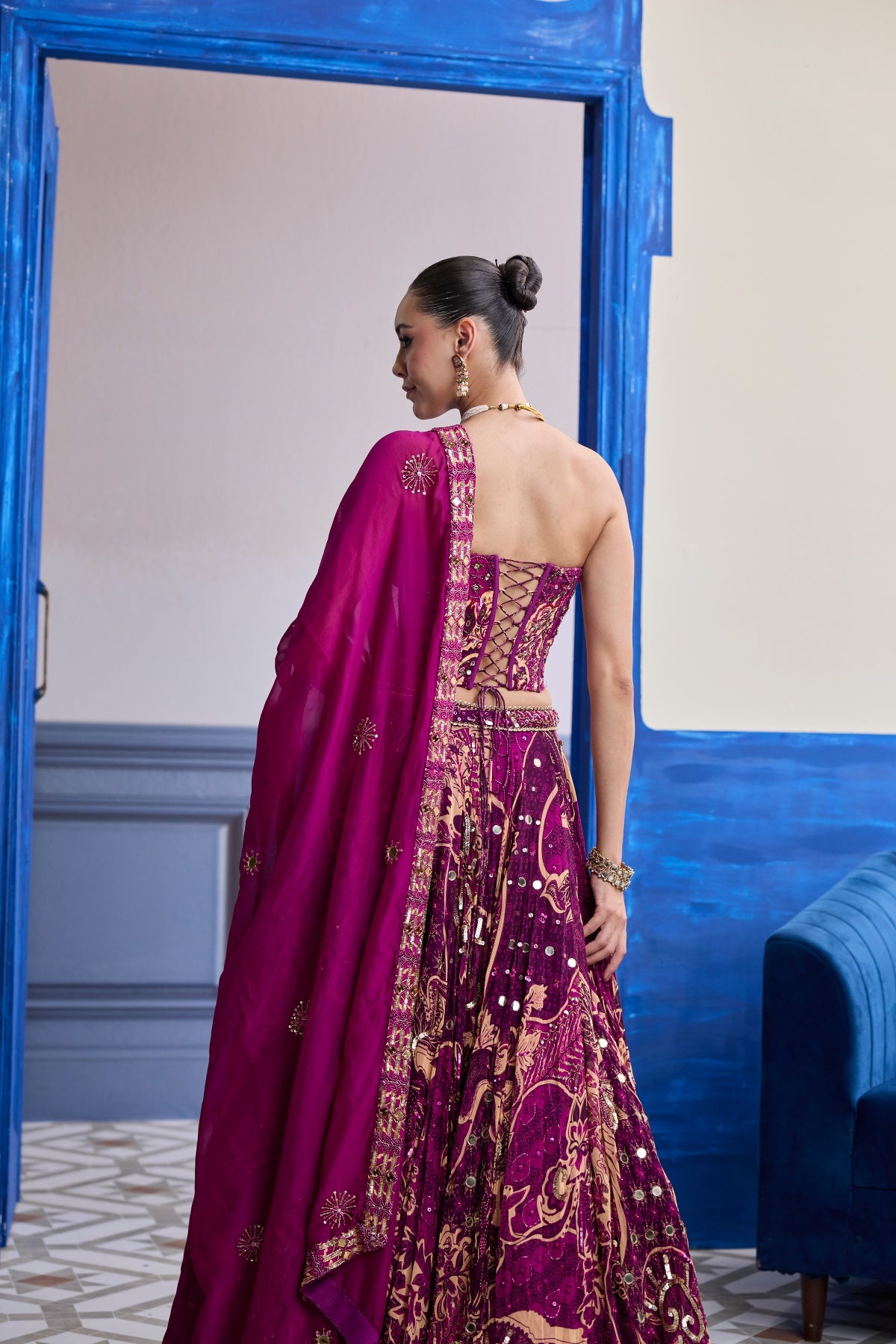 MAGENTA HIGHLIGHTED CORSET WITH LEHENGA & EMBROIDERED DUPATTA SET