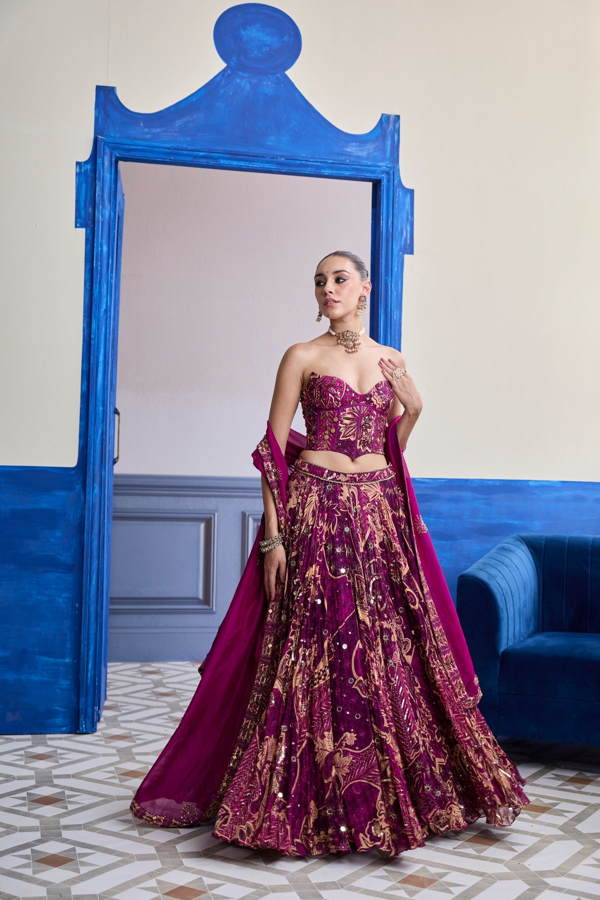 MAGENTA HIGHLIGHTED CORSET WITH LEHENGA & EMBROIDERED DUPATTA SET