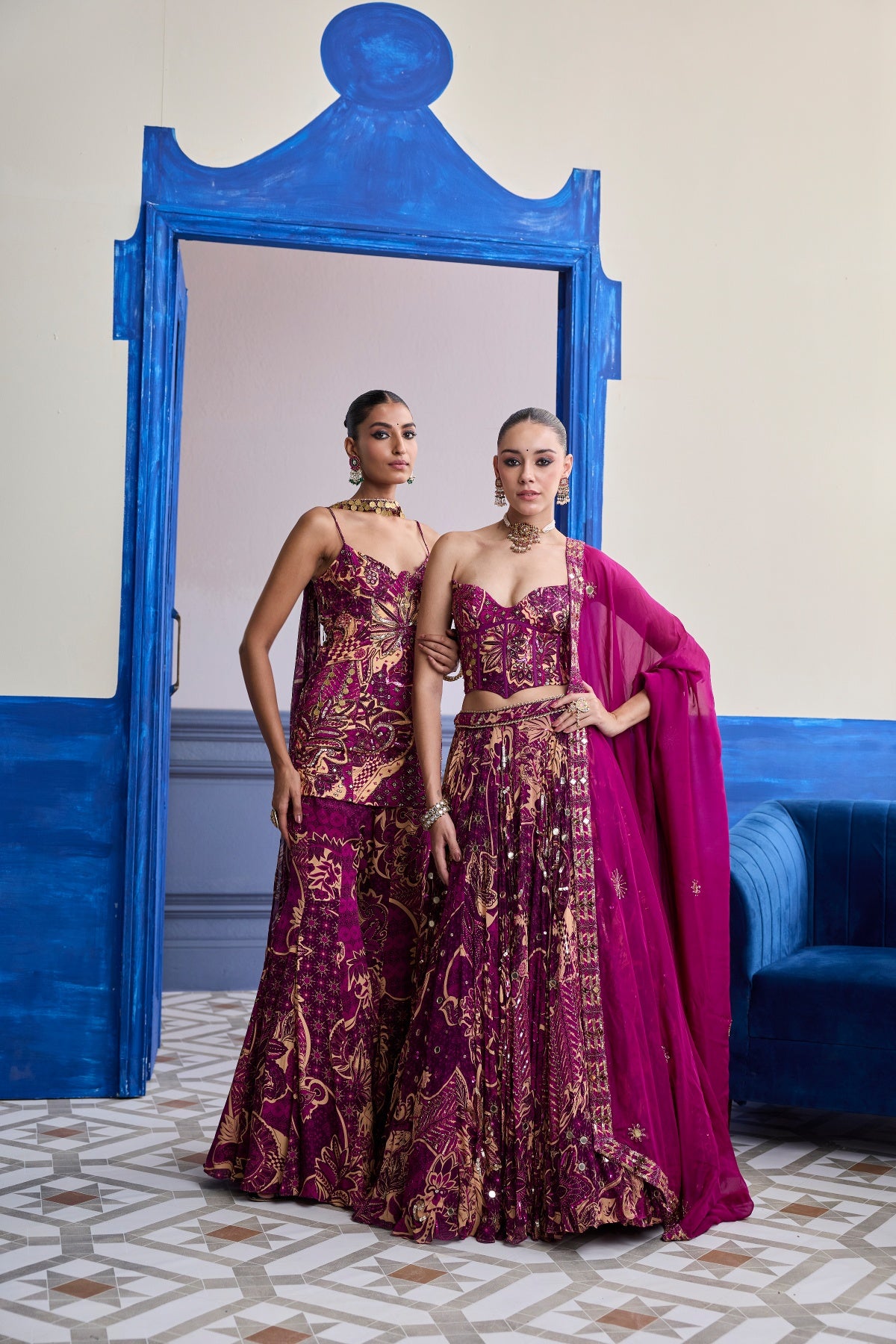MAGENTA HIGHLIGHTED CORSET WITH LEHENGA & EMBROIDERED DUPATTA SET