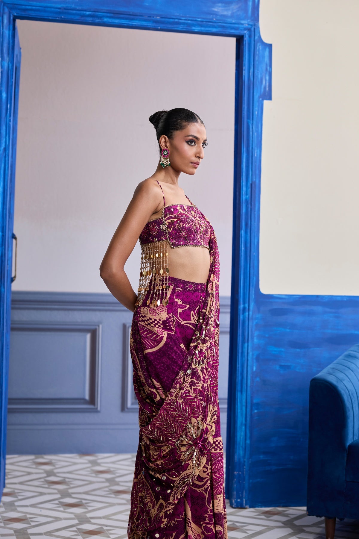 MAGENTA FLORAL TASSEL BLOUSE WITH DRAPE SHARARA SAREE SET