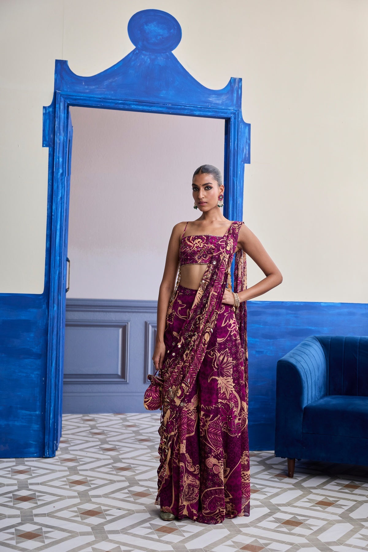 MAGENTA FLORAL TASSEL BLOUSE WITH DRAPE SHARARA SAREE SET