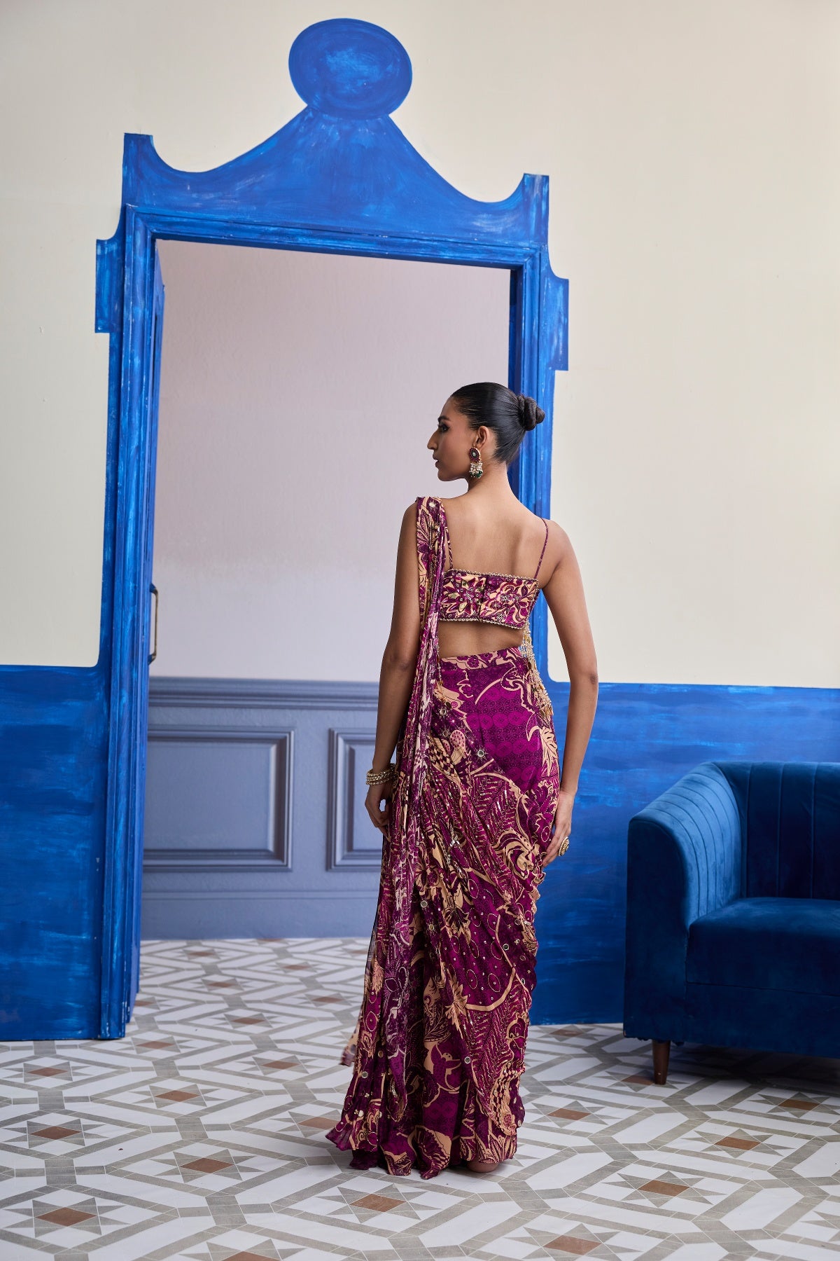 MAGENTA FLORAL TASSEL BLOUSE WITH DRAPE SHARARA SAREE SET