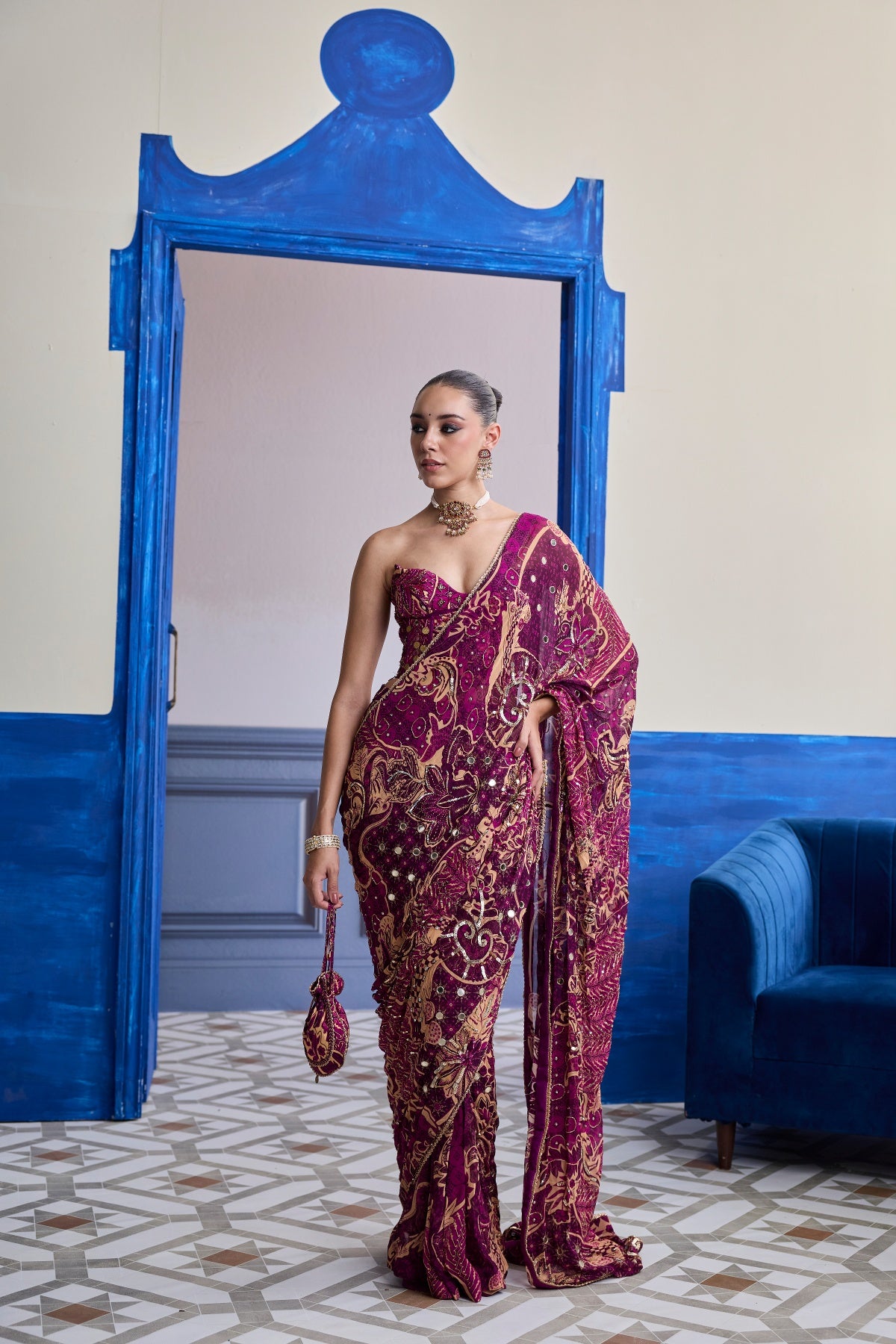 MAGENTA FLORAL CORSET WITH DRAPE CLASSIC SKIRT SAREE SET