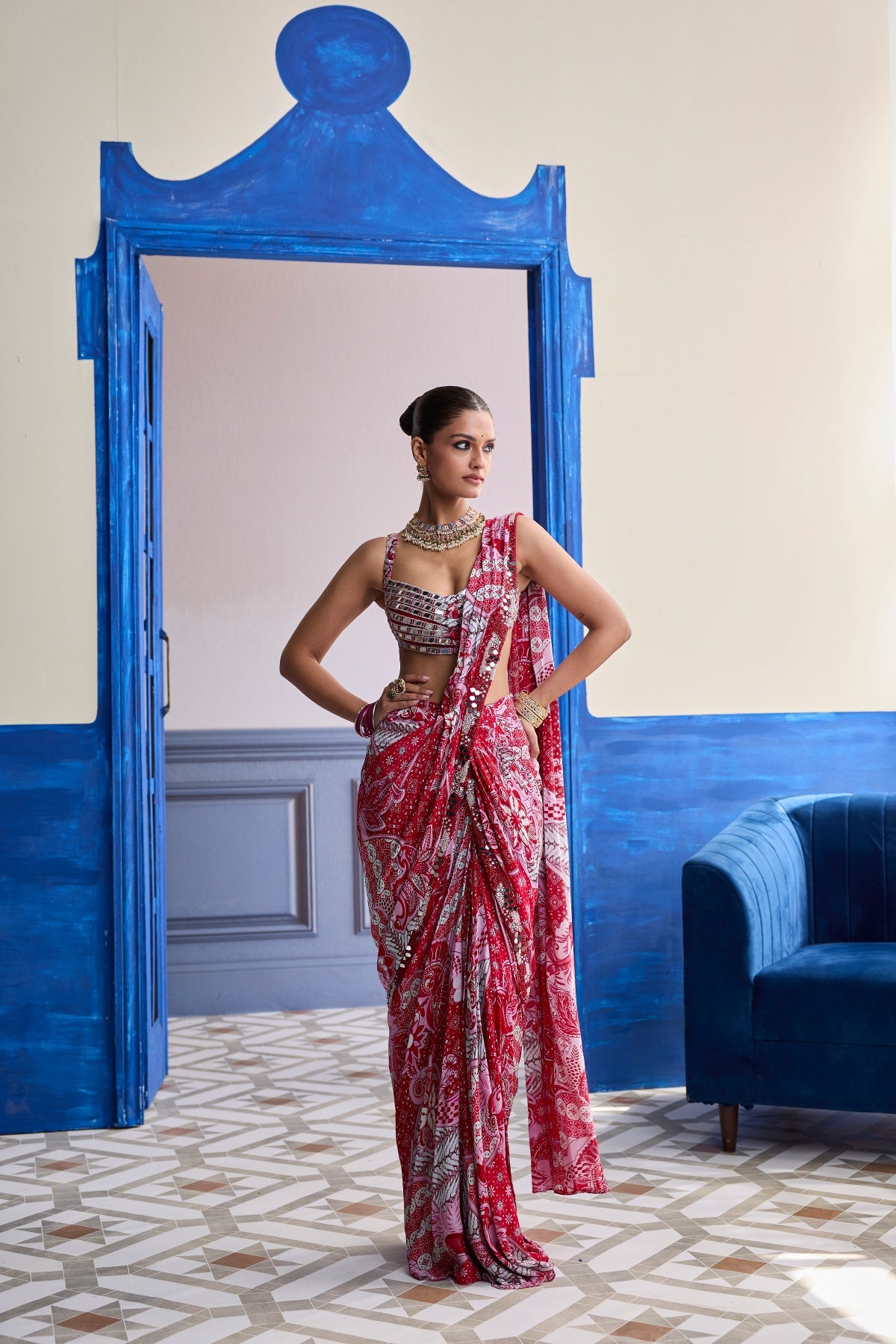 RED MIRROR WORK BLOUSE WITH PRINTED DHOTI SAREE SET