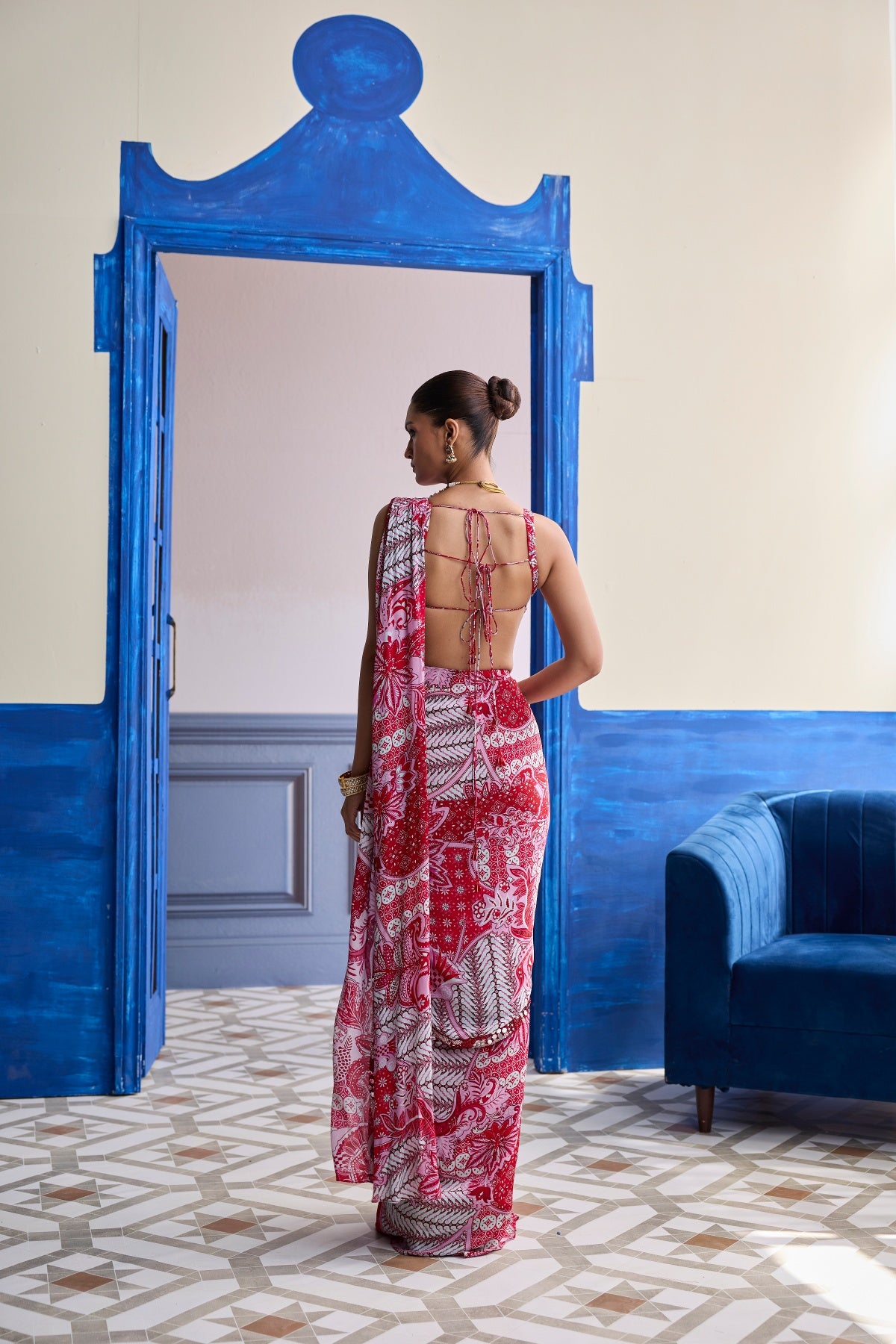 RED MIRROR WORK BLOUSE WITH PRINTED DHOTI SAREE SET