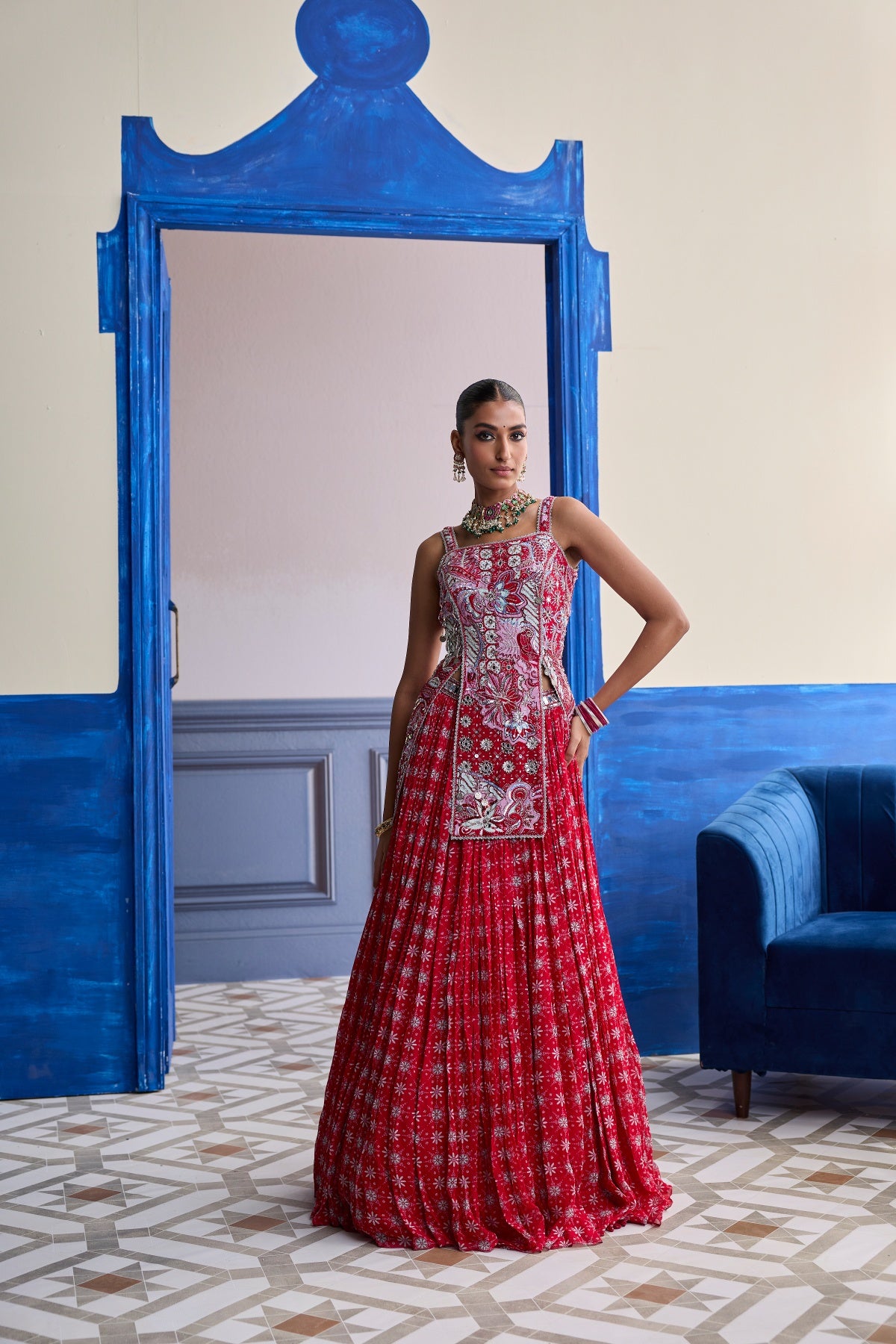 RED FLORAL SLIT KURTI WITH LEHENGA SET